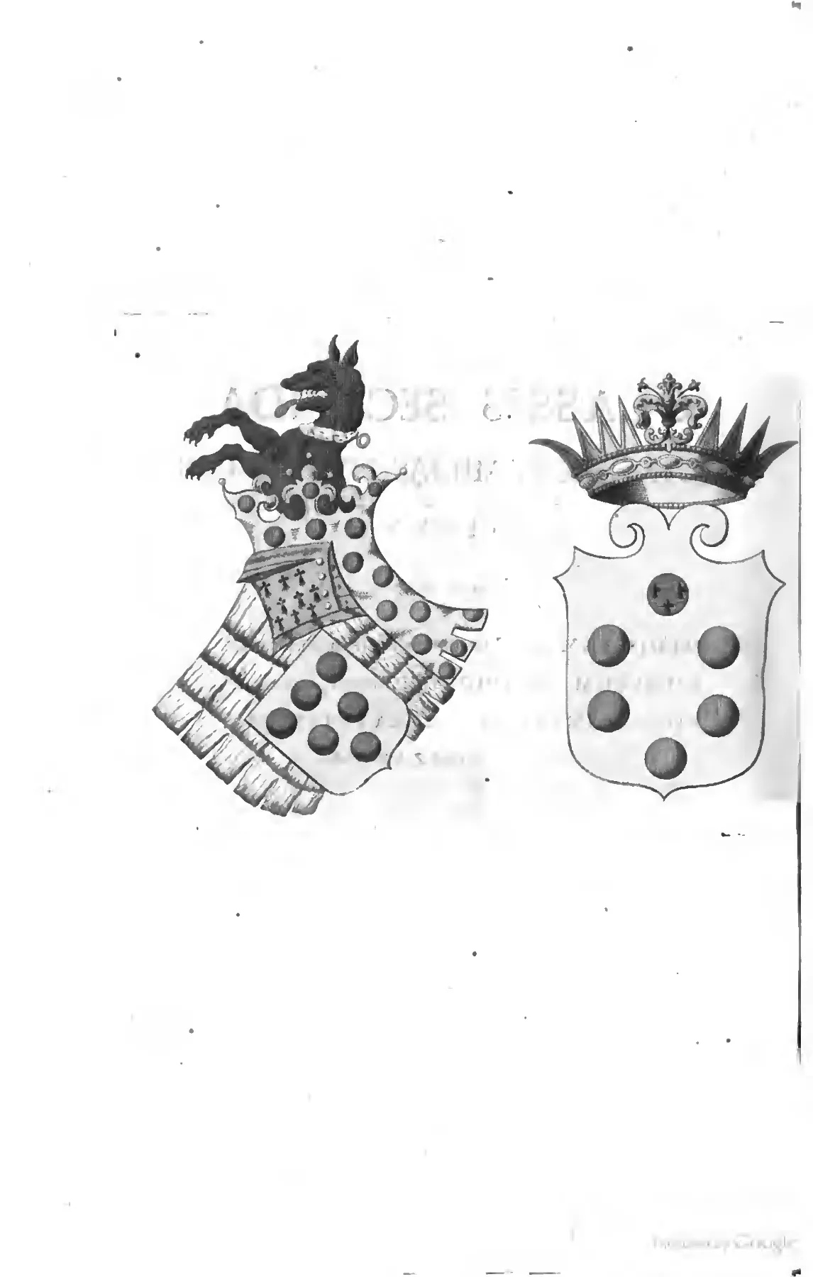 The first Medici table renders the same arms twice: a fully furnished achievement with helm, mantling, and crest, and a crowned shield reduced to the roundels.
