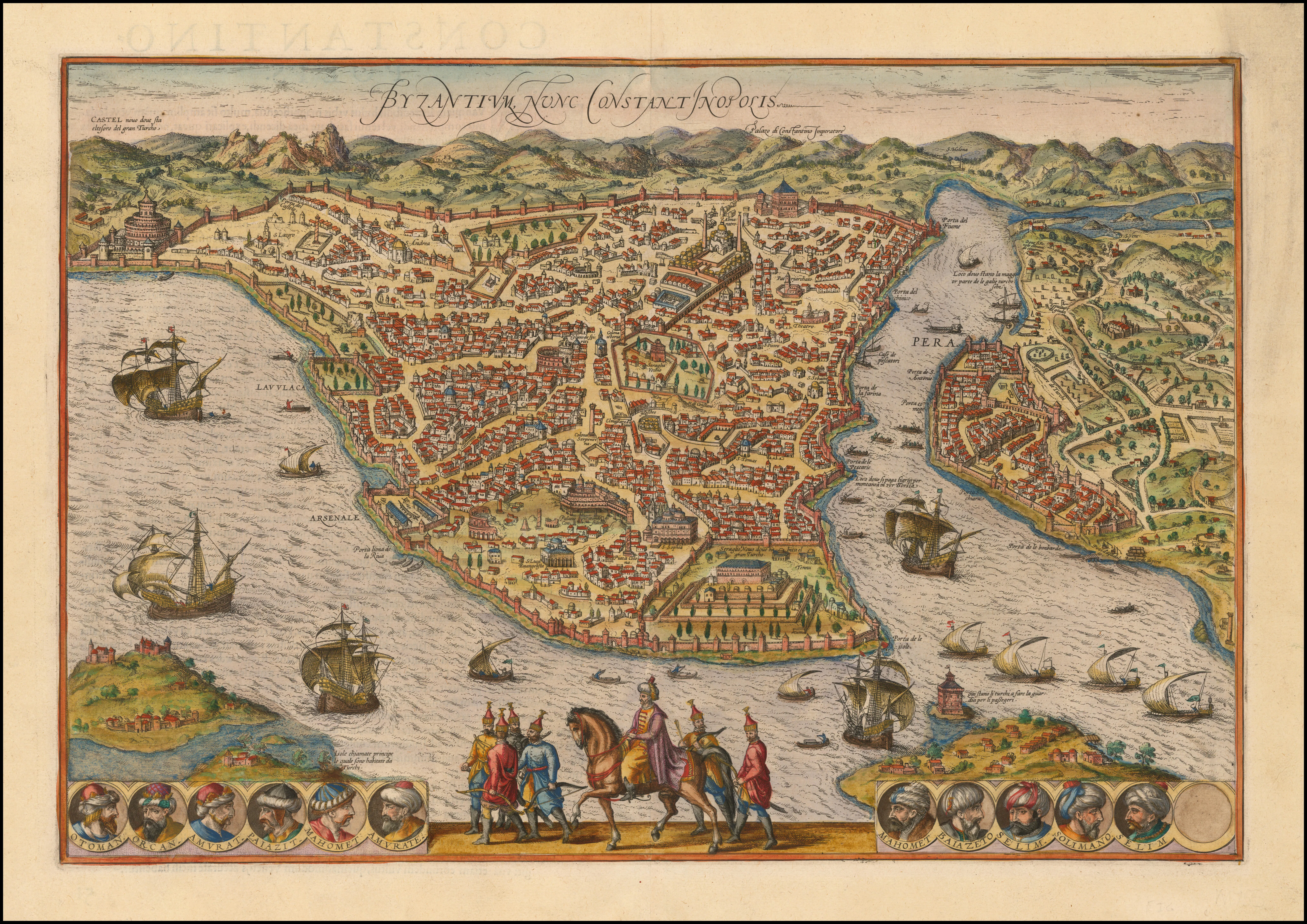 Braun and Hogenberg's sixteenth-century view renders Constantinople as the kind of legible node annalistic history can measure, walls and waters set out on a plane, Ottoman dynastic medallions ranged along the border. Beside Briet's arithmetic of 1453, the fall reads as a calculable interval and a transfer of power.