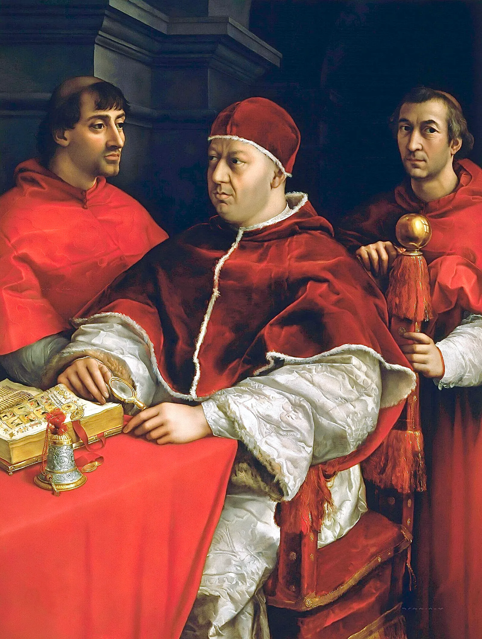 Raphael's portrait of Pope Leo X — Giovanni de' Medici, son of Lorenzo il Magnifico — with cardinalatial company.
