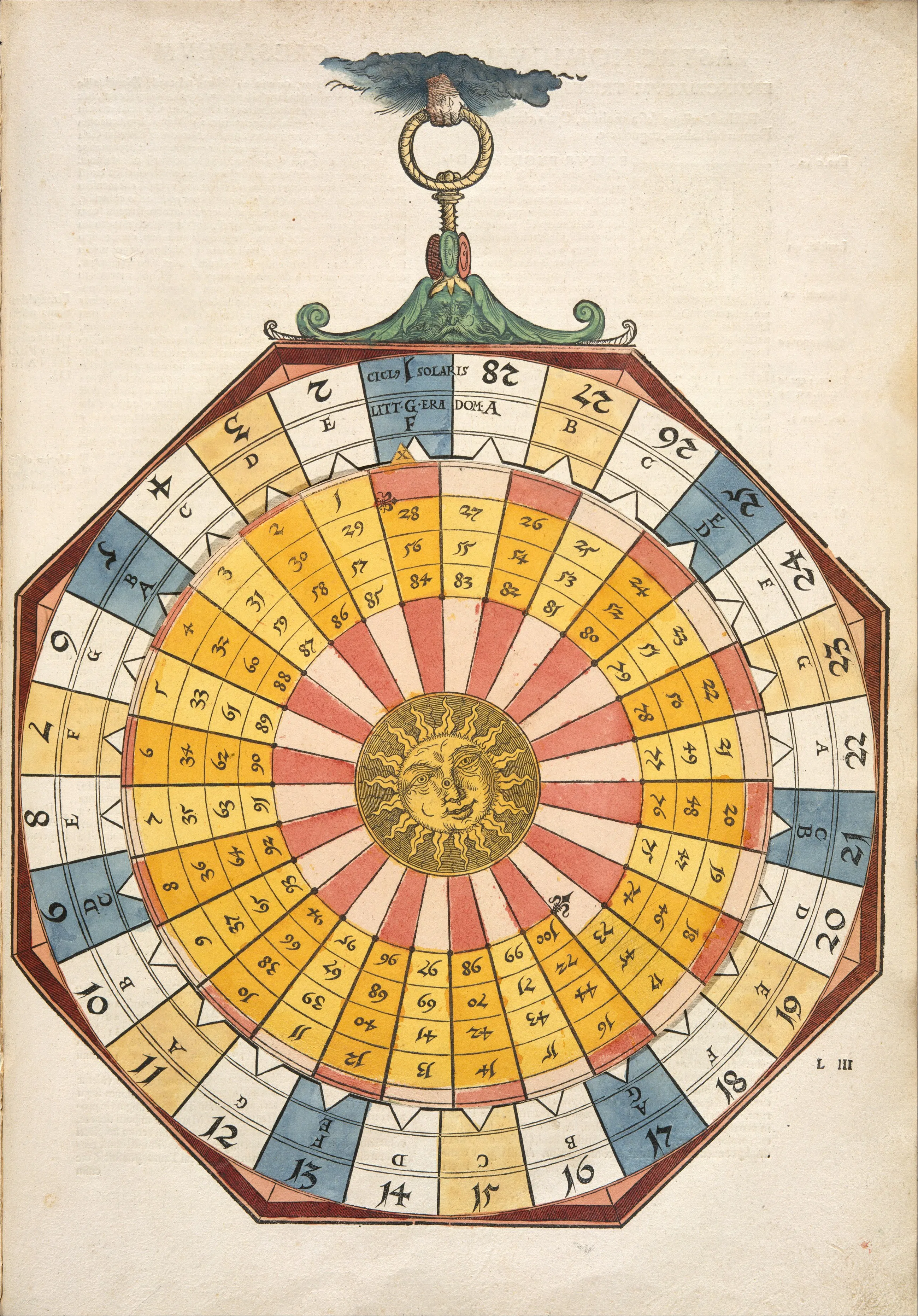 A rotating paper volvelle from Peter Apian's Astronomicum Caesareum (1540) turns calendrical time into nested, manipulable cycles — the computational world in which dominical letters, epacts and Easter reckonings were tested against the heavens, and in which rules meant to regularize time accumulated error.