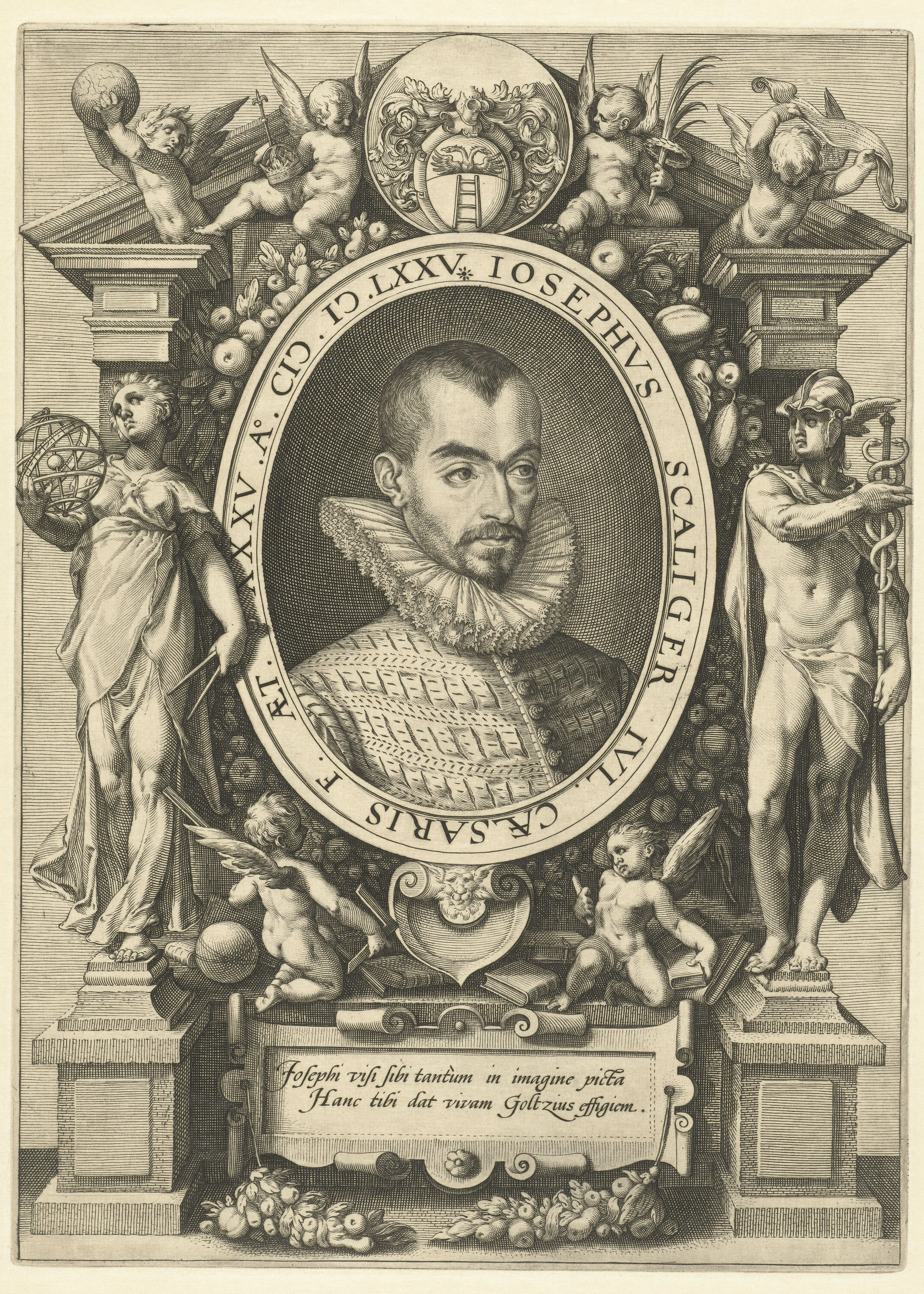 An engraved portrait of Joseph Scaliger, the scholar who made chronology a critical discipline rather than a tabular aid. For a Jesuit chronicle such as Briet's, Scaliger's legacy defined the terrain on which sacred history, calendars, eras, and historical authorities had to be compared and ordered.