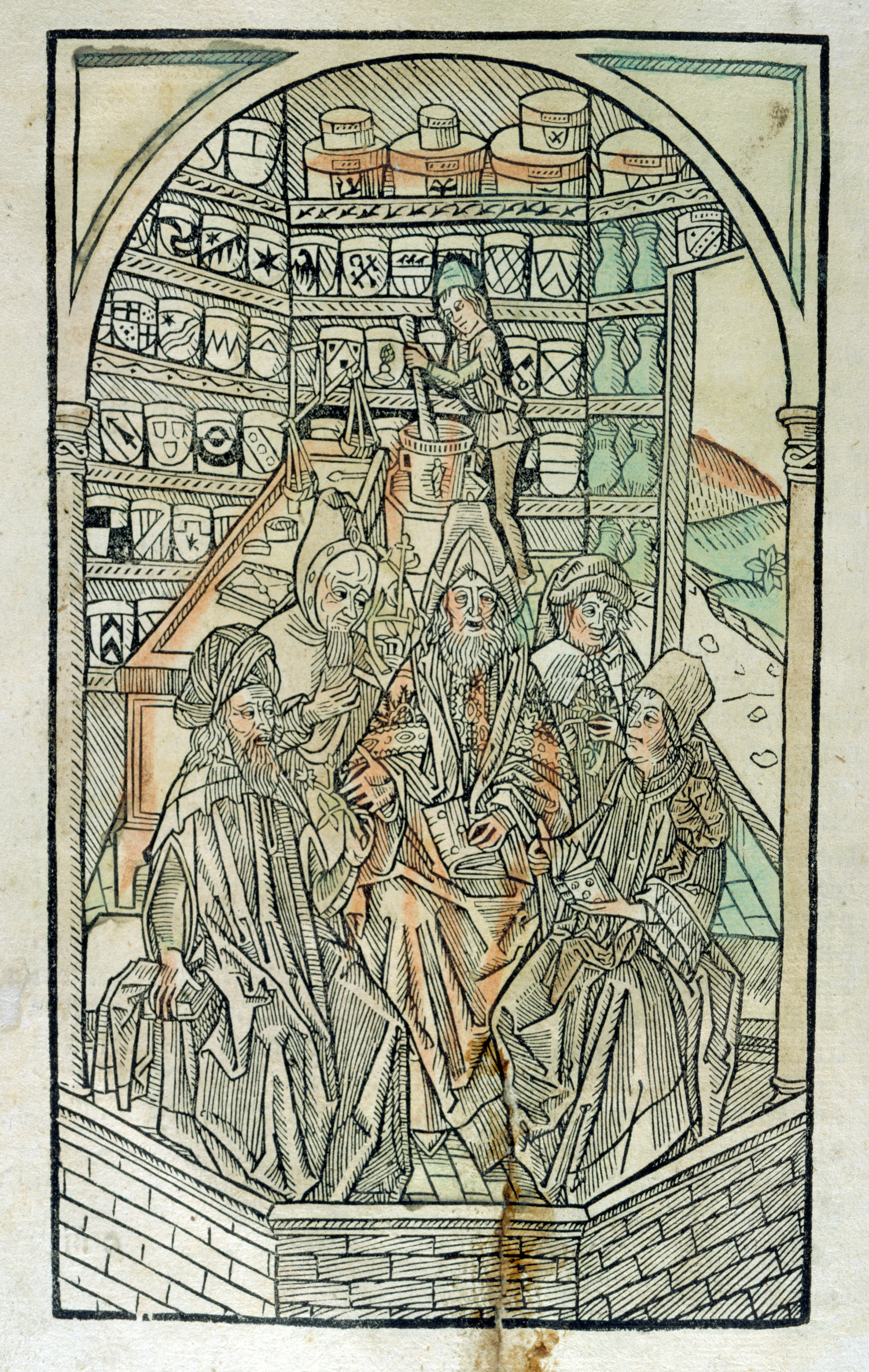 This 1496 coloured woodcut places pharmacology in the ordered world of the dispensary: jars line the shelves, an apprentice compounds at a mortar, and elder practitioners consult over prepared substances.