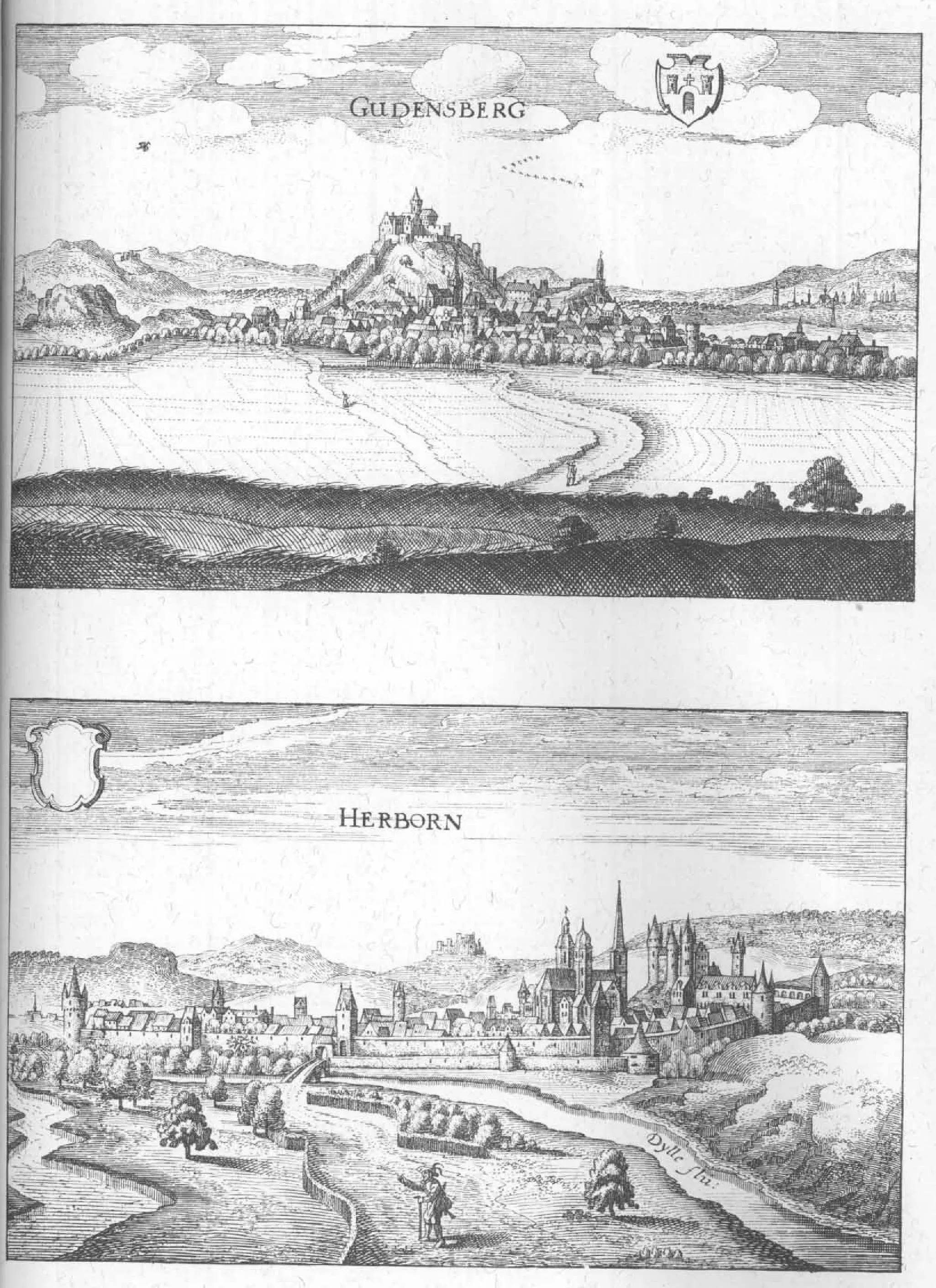 A seventeenth-century engraved town prospect labelled "HERBORN": the Nassau town whose Reformed Hohe Schule was the institutional setting for Alsted's teaching and for the 1624 printing of the Thesaurus chronologiae. Its clustered roofs, walls, and church-dominated skyline place his encyclopaedic project in a compact town rather than an abstract republic of letters.