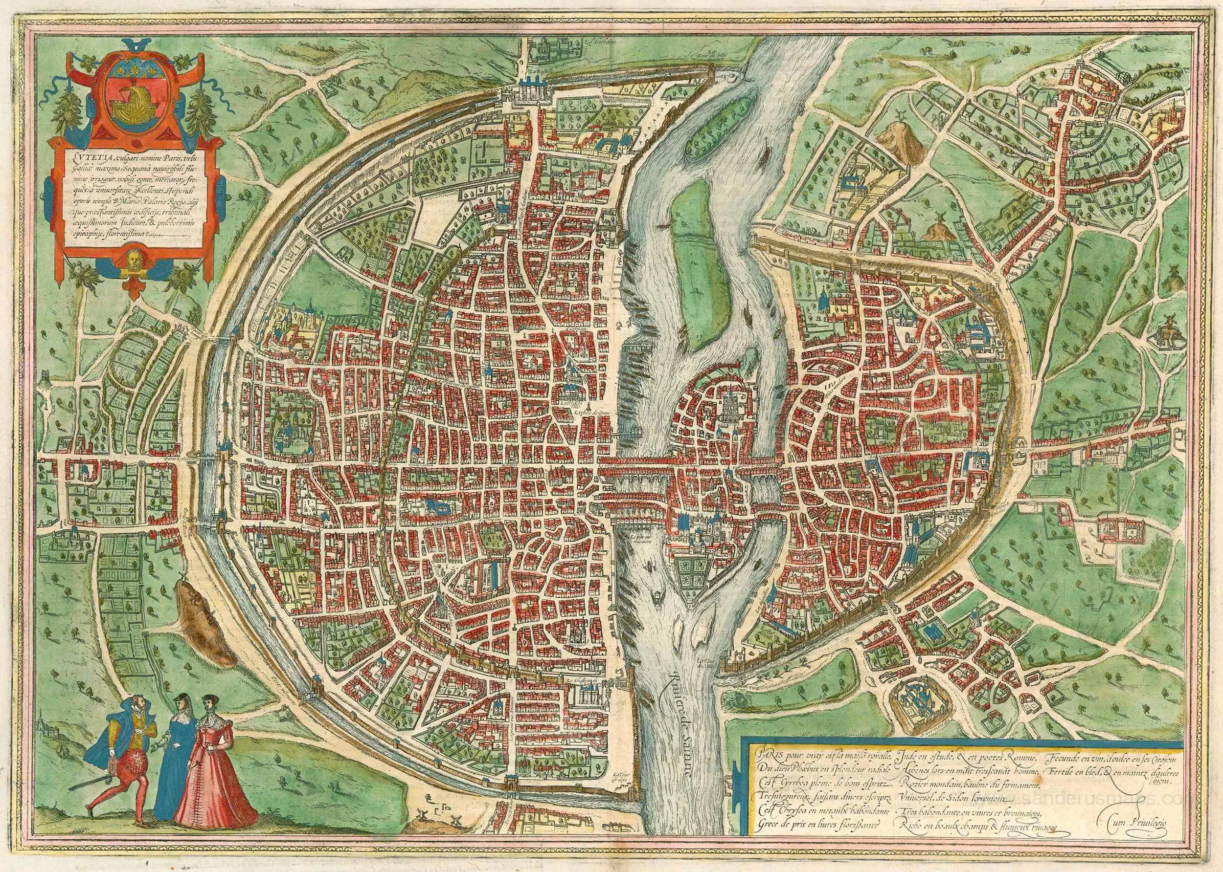 Braun and Hogenberg’s bird’s-eye Paris evokes the dense walled capital in which presses like Nicolas Chesneau’s turned Catholic polemic into books.
