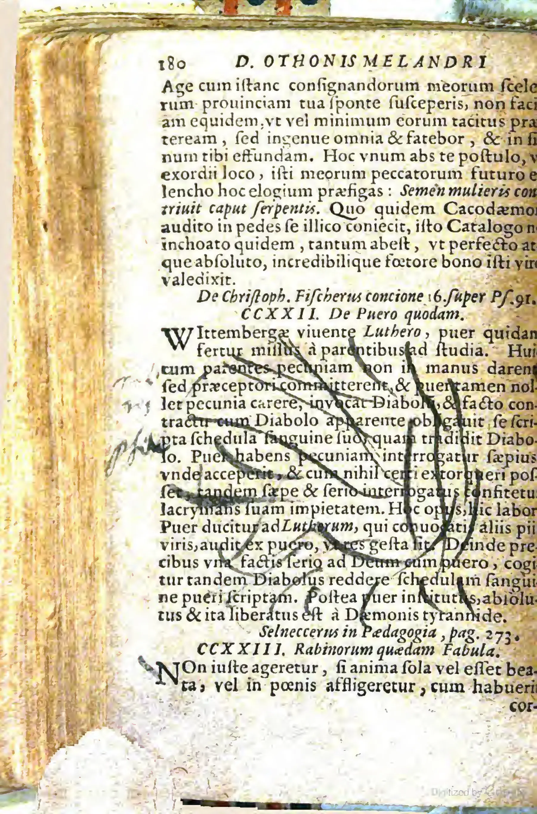 On this page the printed close of a devil-as-accuser anecdote gives way to exemplum CCXXII, in which a Wittenberg schoolboy's blood-written pact is undone by Luther's prayers and the devil compelled to return the document. The forensic machinery is retained; the demonic claim is defeated by confession, prayer, and providence.