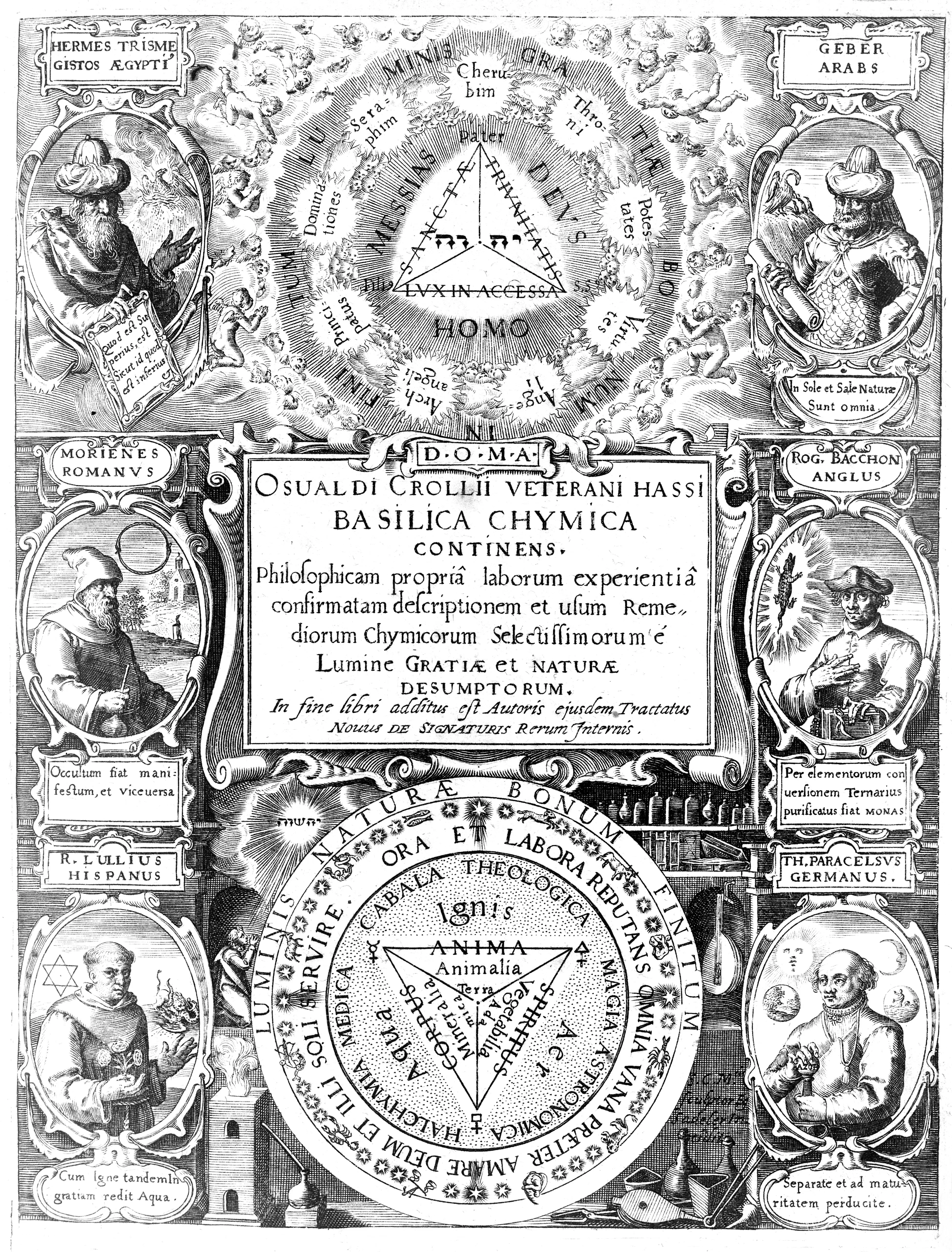 Engraved title page of Oswald Croll's Basilica chymica, Mylius's immediate Paracelsian-Hermetic precursor rather than a page of the Opus medico-chymicum itself.