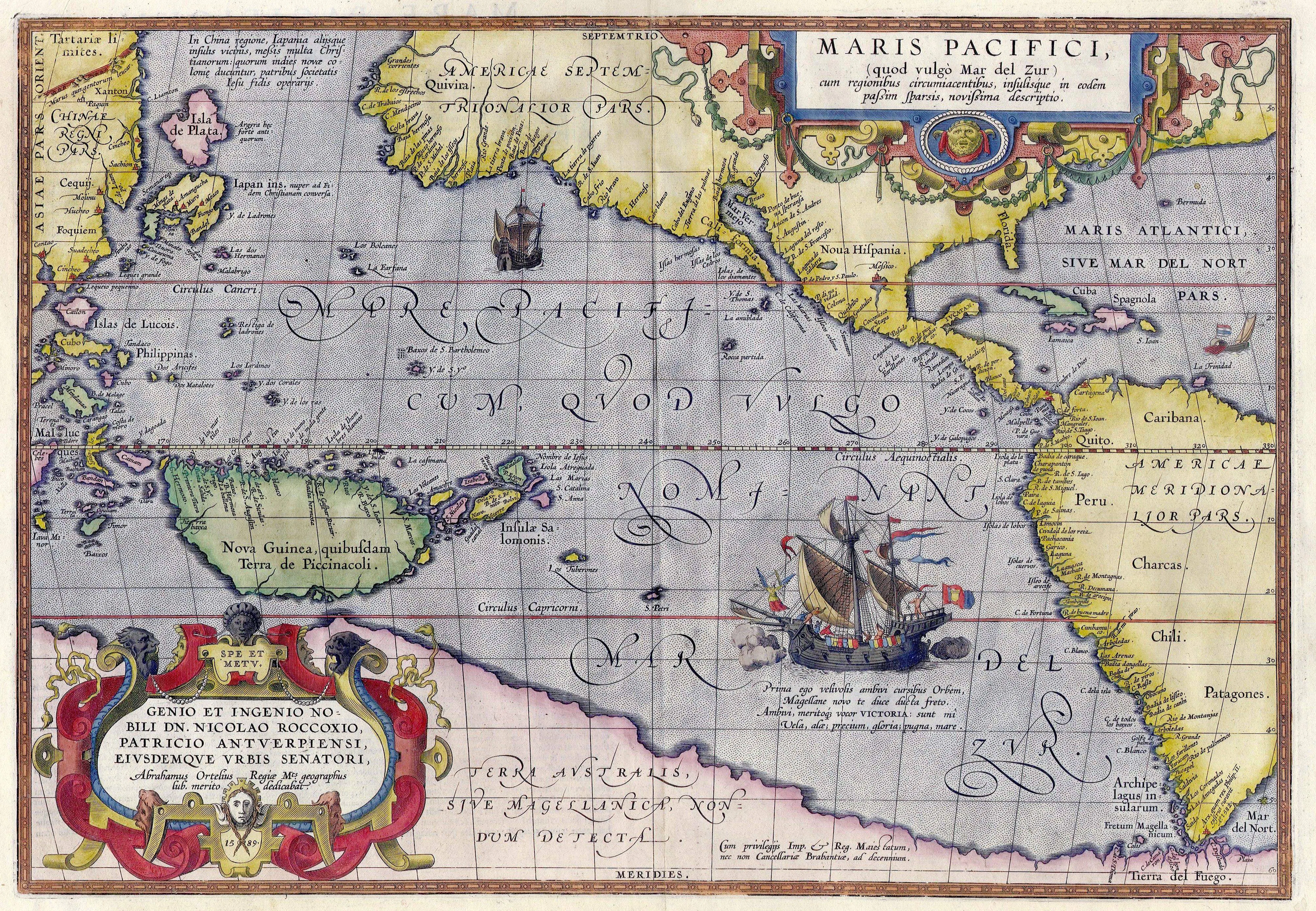 Ortelius's Maris Pacifici (1589) makes visible the conjectural ocean crossing on which Horn's argument depends.