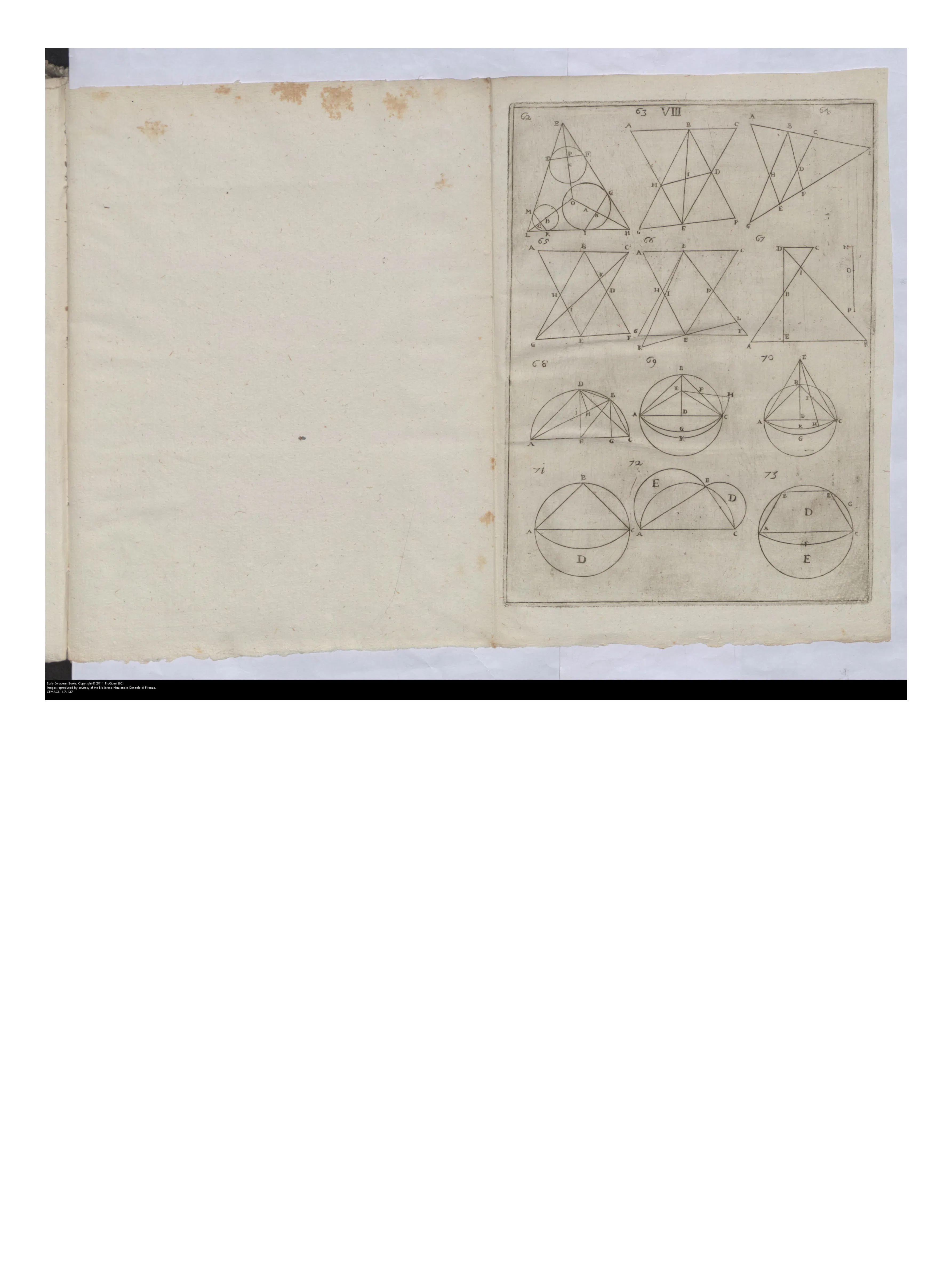 Plate VIII puts Ceva's “elements” to work. The concurrent lines later attached to his name appear among many numbered figures, not singled out; the progression to denser line networks and curved or solid sections shows geometry's bounds being enlarged from a few elementary configurations.