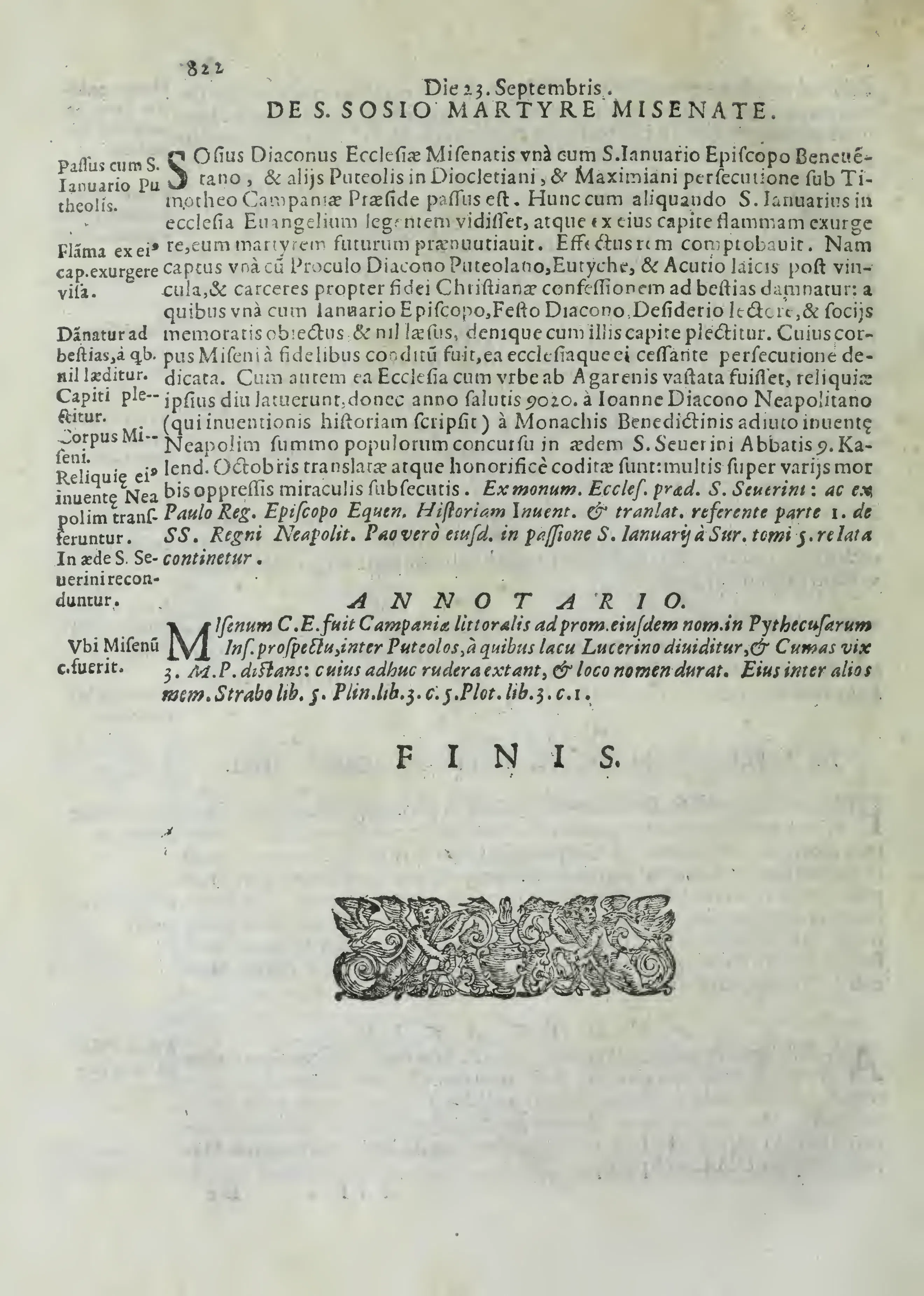 On the calendar's final substantive page, the entry for Sosius is followed by an ANNOTATIO locating Misenum through ancient geographical authorities, beneath a large FINIS and an ornamental woodcut tailpiece.