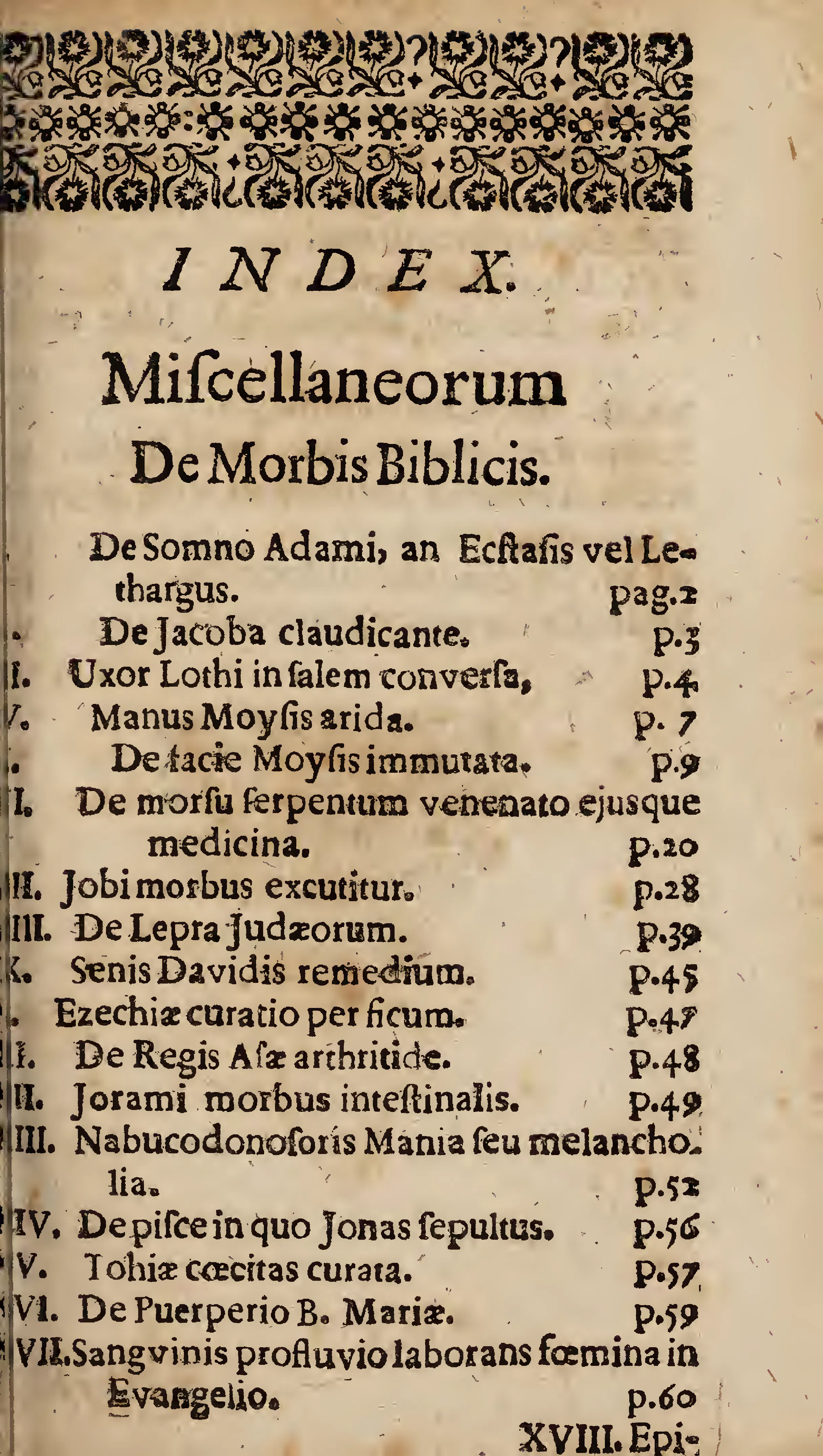 On the opening leaf of the printed "INDEX / Miscellaneorum / De Morbis Biblicis," a floral headpiece gives way to a compact sequence of chapter headings and page numbers.