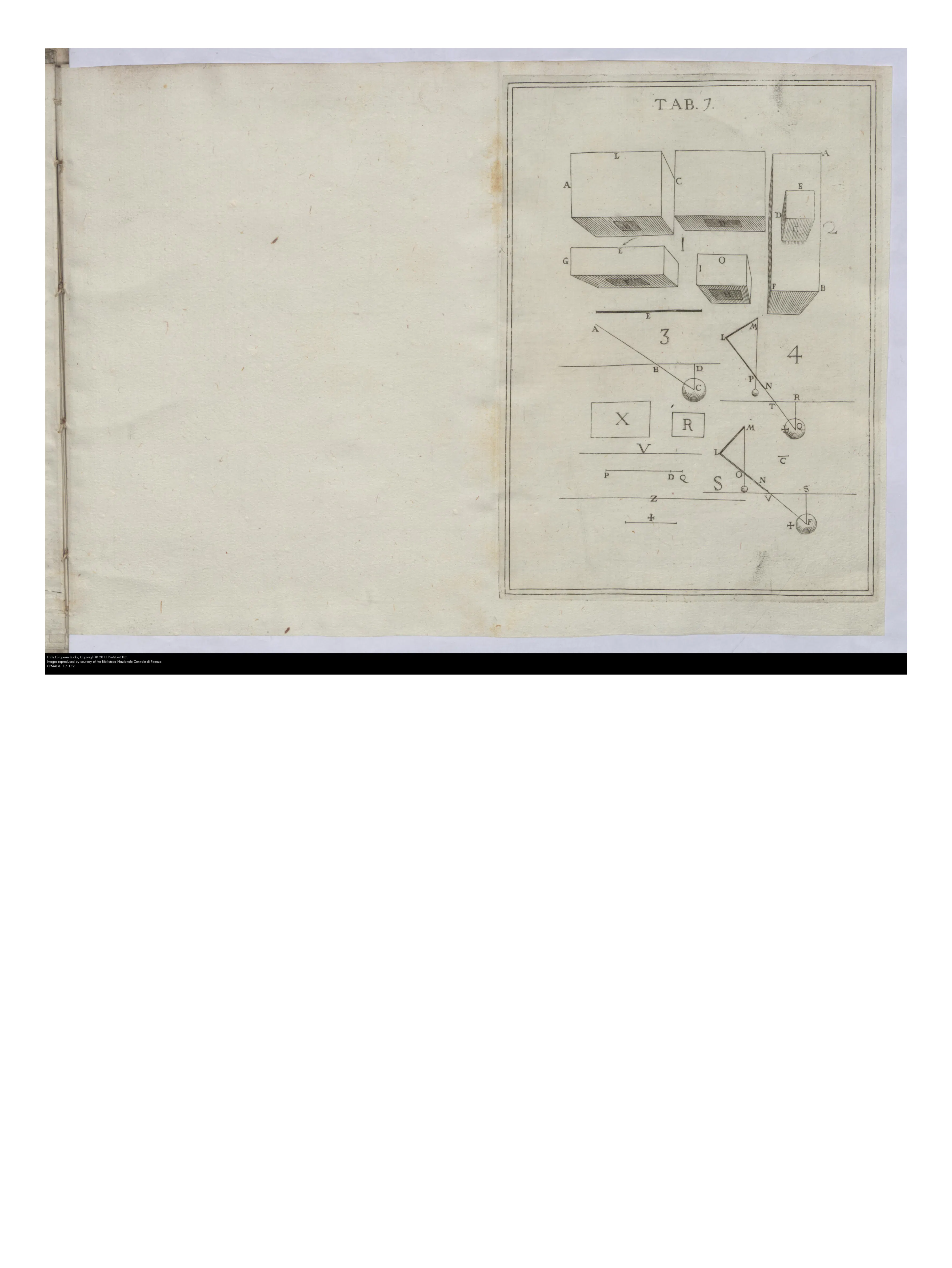 Engraved as TAB. 7, the plate compresses the move from proof to practice: figs. 1–2 serve Ceva's geometrical account of efflux, figs. 3–4 his pendulum-and-square gauge for river velocity and gradient. It belongs to the separately engraved figures that, Ceva confessed, could not be checked against the printed demonstrations.