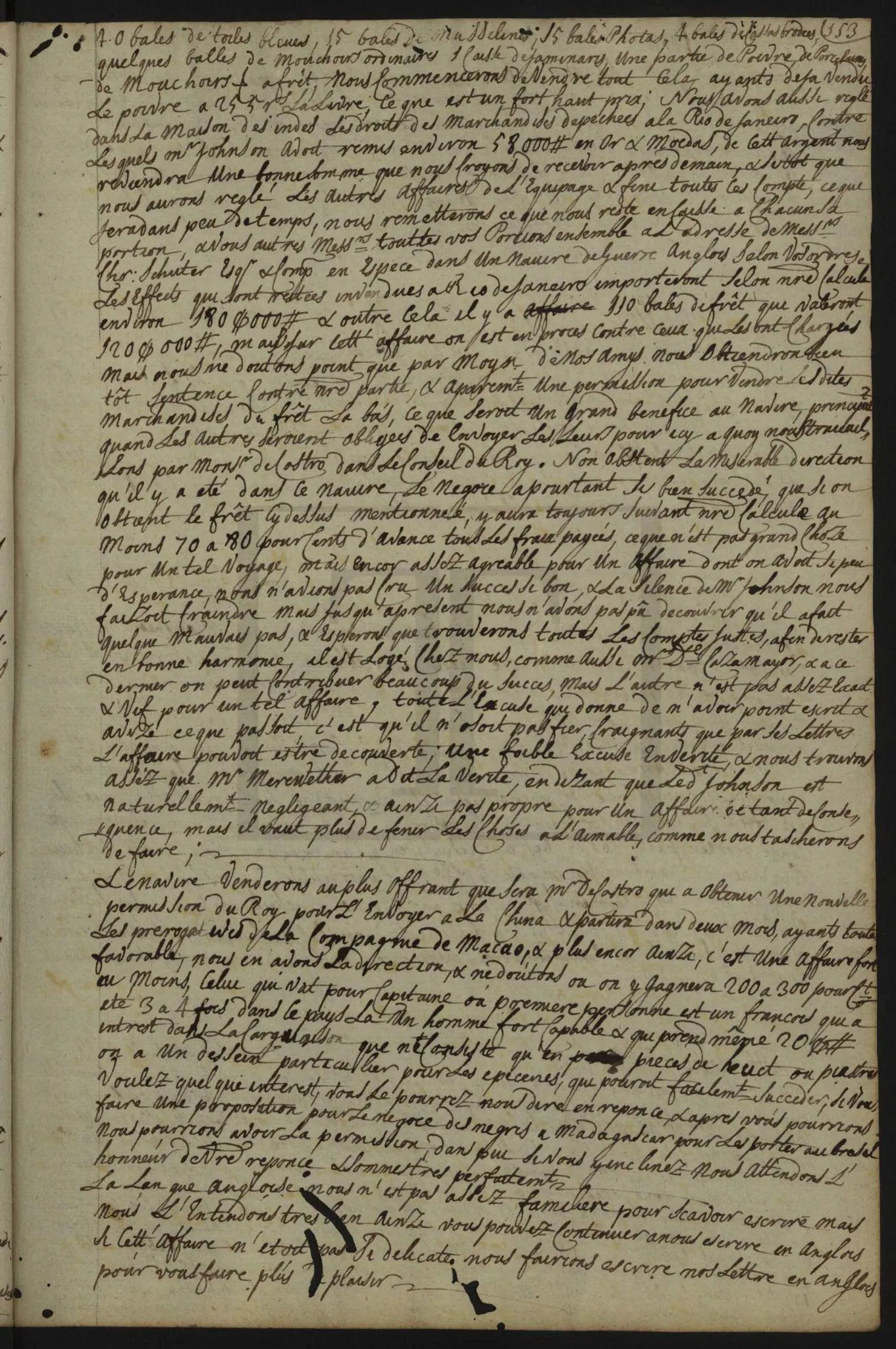 A 1719 merchant letter in French from Lisbon to Bristol, mentioning a possible slaving voyage from Madagascar to Brazil