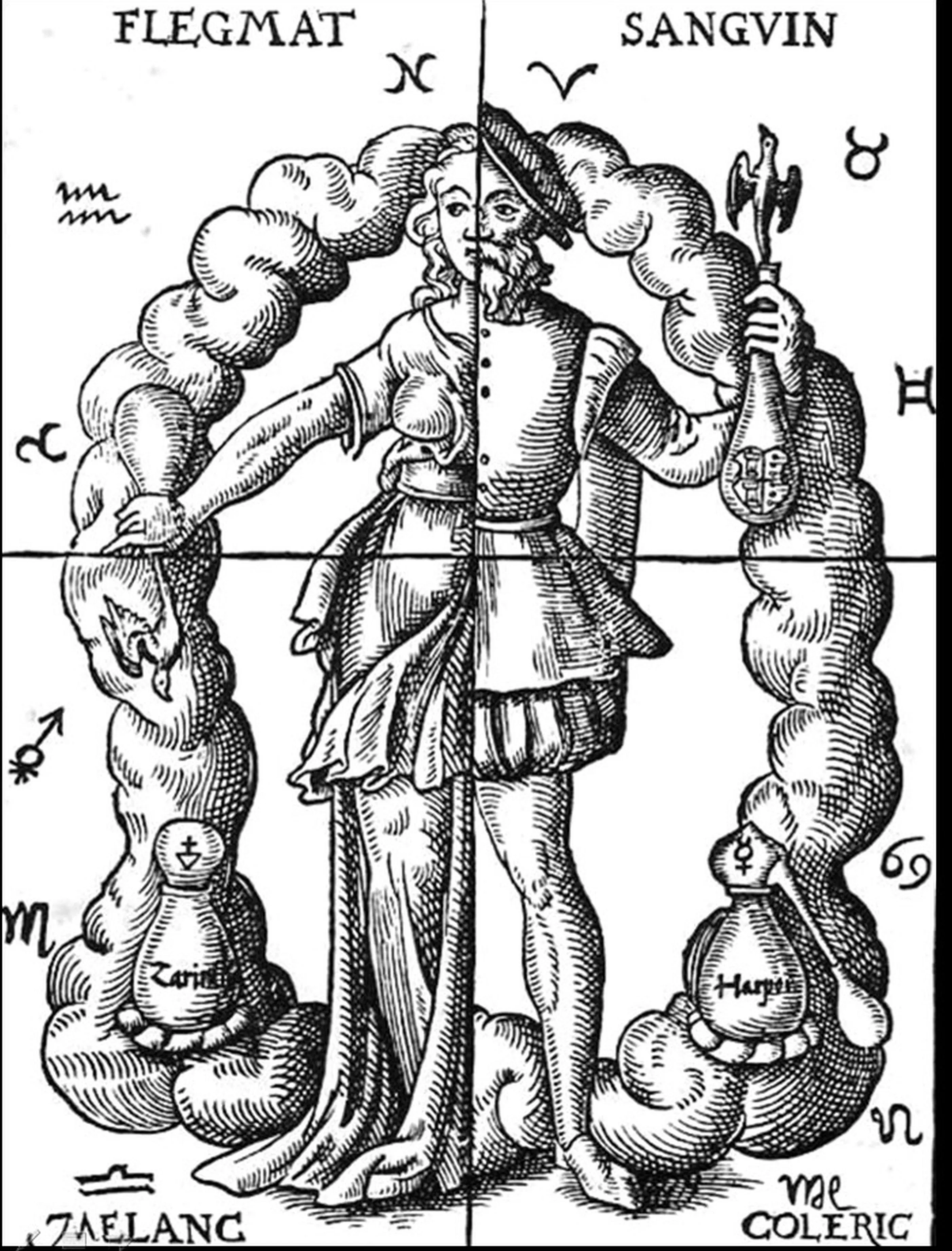 In this woodcut from Leonhart Thurneisser's Quinta Essentia, the four humours are absorbed into a wider alchemical and astrological scheme, with the human body framed by zodiacal signs and laboratory vessels.