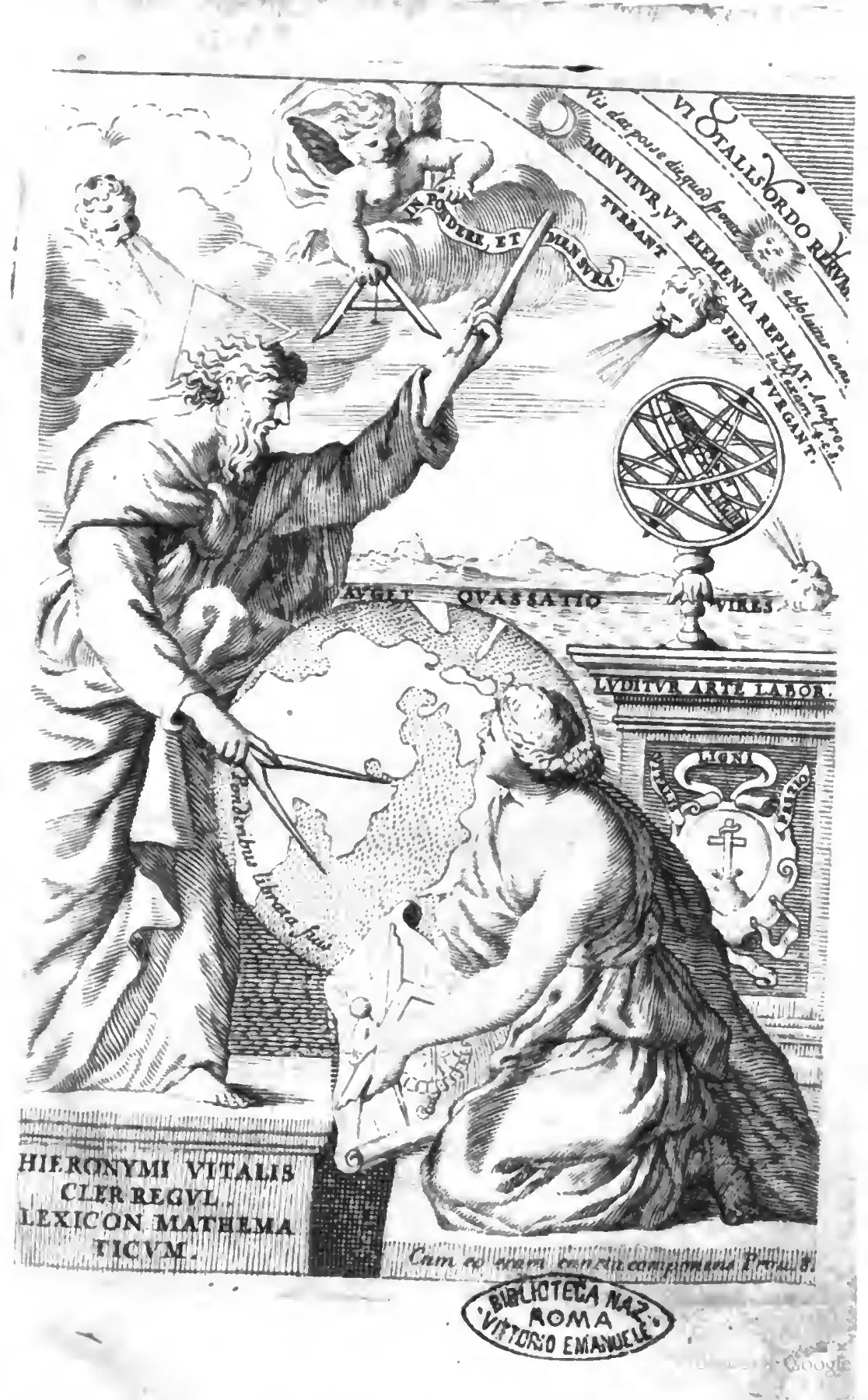 Vitale's engraved frontispiece turns the lexicon's ideological perimeter into an image: a personification of Mathesis measures the terrestrial globe, while an armillary sphere, balance, and compasses link geometry, astronomy, and mathematical discipline. The printed motto "PONDERE ET MENSURA" presses the same claim as the title-page apparatus—that legitimate celestial knowledge rests on weight, measure, and demonstrative order rather than the illicit certainties of judicial astrology.
