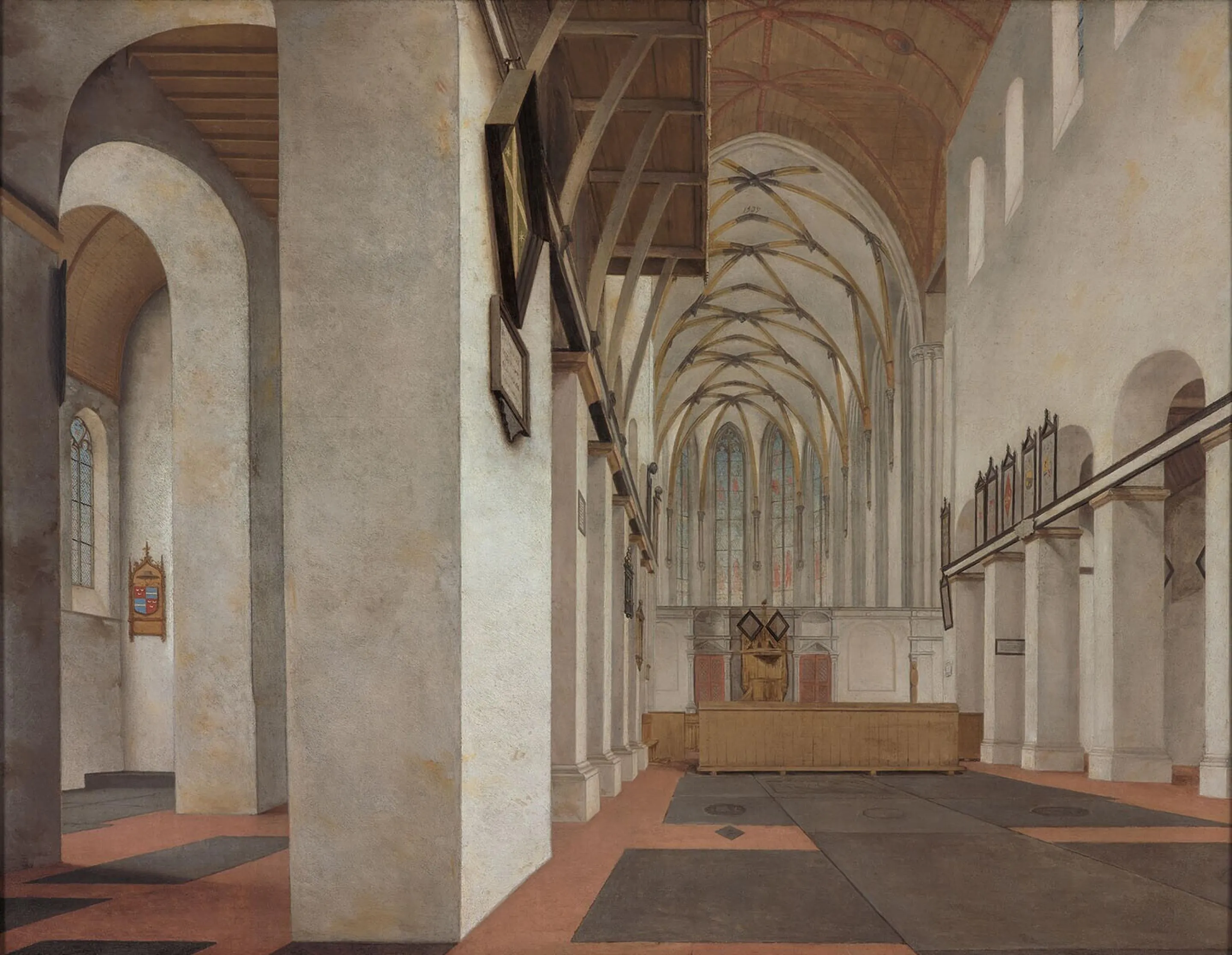 In this Reformed church interior by Pieter Jansz. Saenredam, floor grave slabs and wall tablets make commemoration part of the building itself. Against such settings, the complaint that Graevius’s body lay in “obscure sand” marks burial without a visible monument as a failure of public memory.
