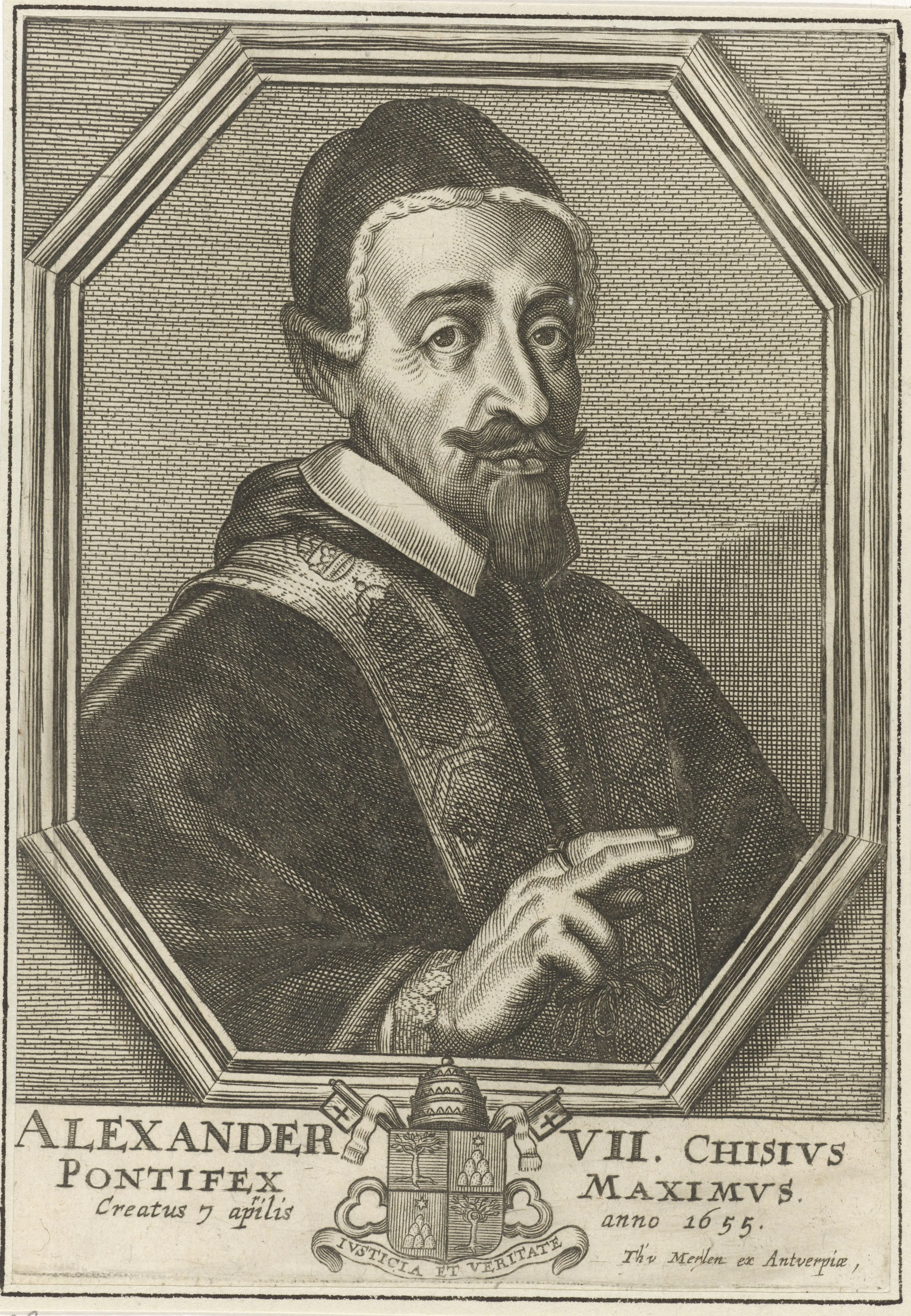 Theodor van Merlen's engraved portrait of Alexander VII, shown in papal vesture with his arms beneath, gives a face to the institutional authority behind the Alexandrine formulary. In the denunciation's closing demand, that authority becomes a legal instrument for compelling Noris to subscribe obvio sensu accepta, blocking the evasive separation of public words from private meaning.