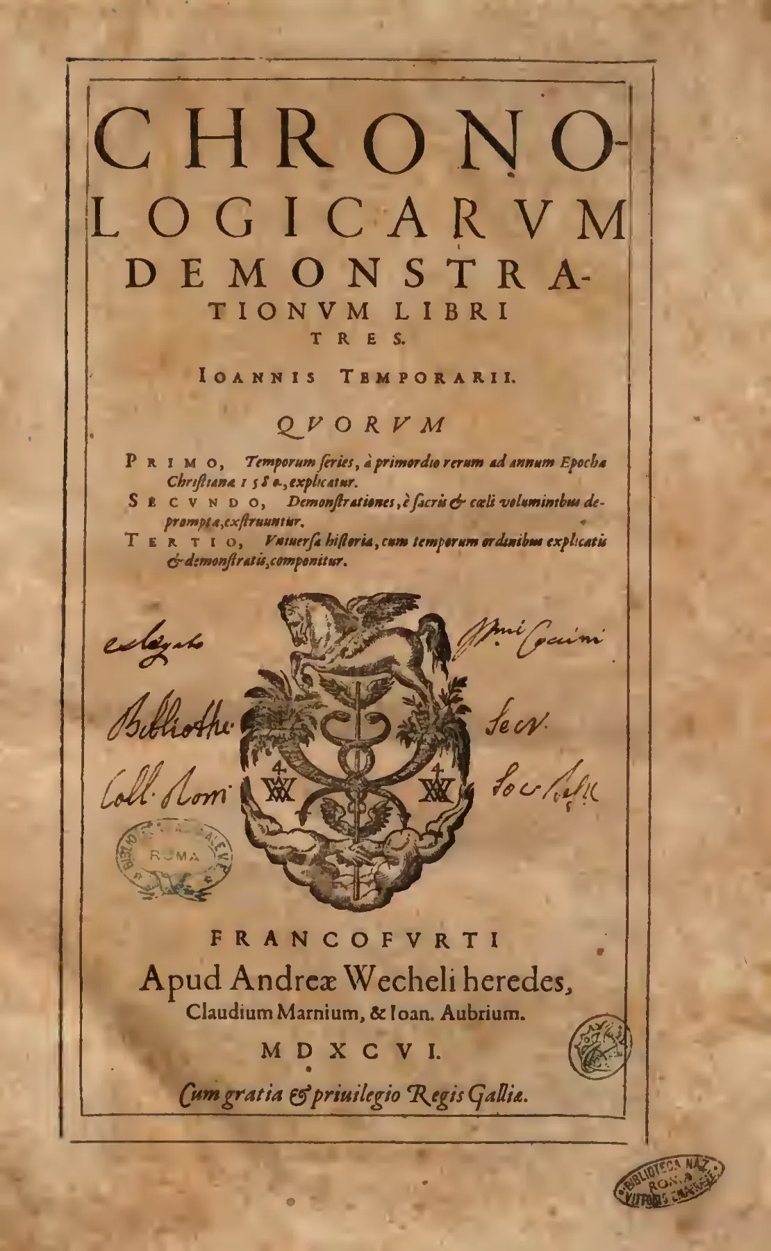 The 1596 Frankfurt title page fixes the work bibliographically, naming the Wechel heirs with Claudius Marnius and Johann Aubrius and carrying a printed French royal privilege.