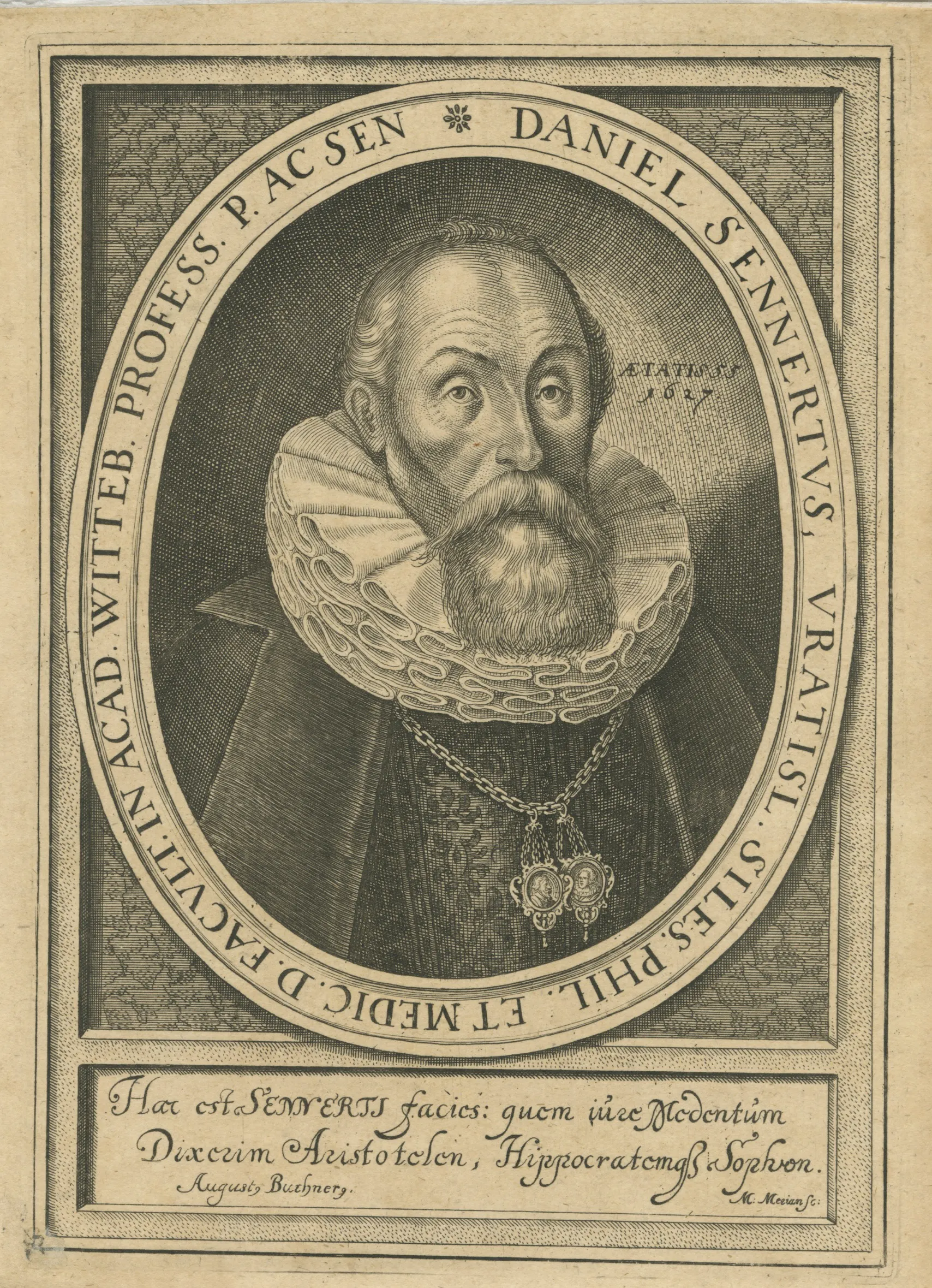Merian's engraved portrait of Daniel Sennert, a key predecessor in the reworking of chymical element theory.