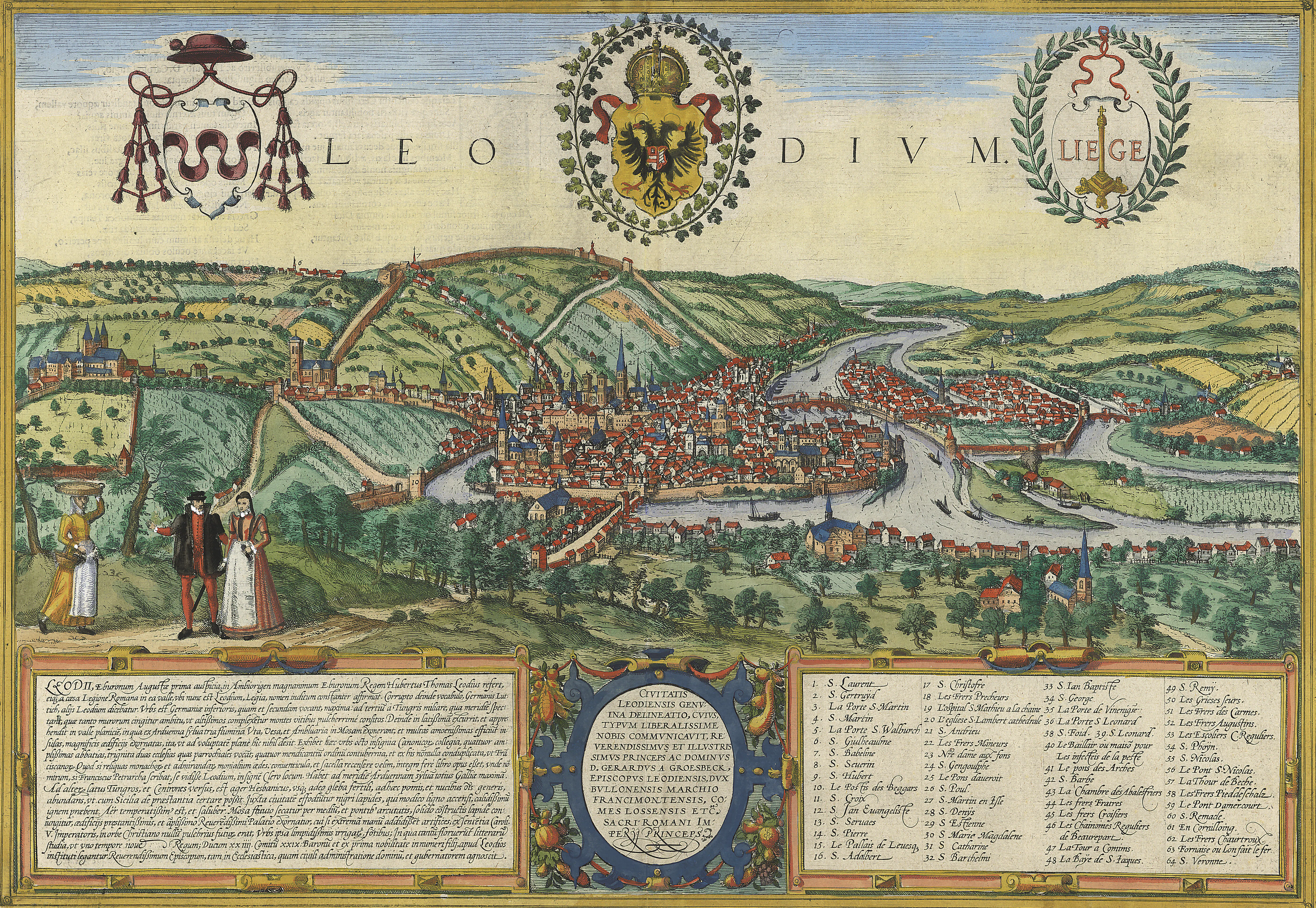 Braun and Hogenberg's 1572 view of Liège, from the era's most celebrated topographical series, shows a city thick with towers. Rocca places Liège with Brussels and Mechelen among the northern centres where carillons were played with hands and feet — bells realized as instruments of ordered harmony.