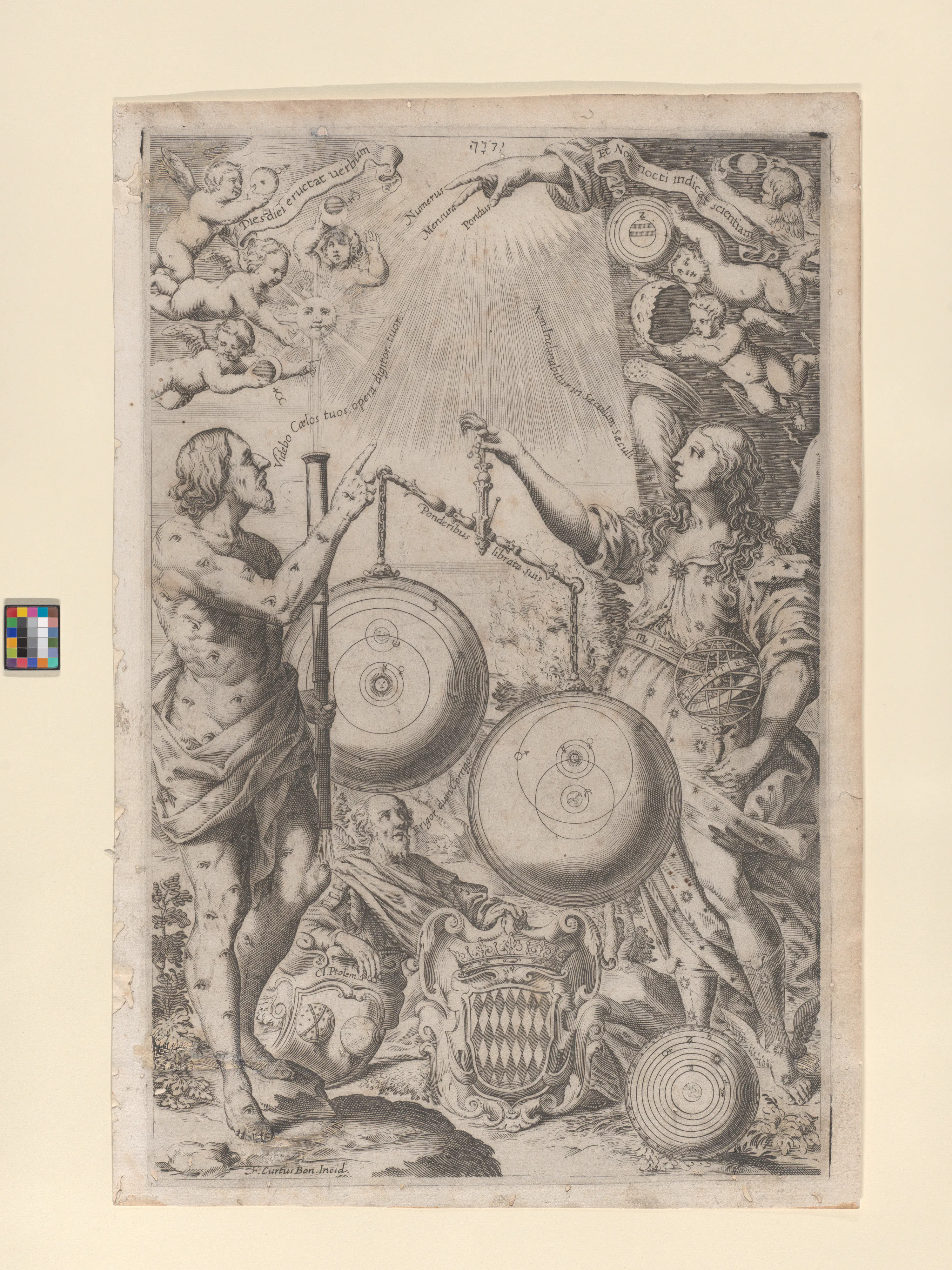 In this frontispiece to Riccioli’s Almagestum Novum, a divine hand suspends the rival astronomical systems beneath sacred light, with the Tychonic arrangement outweighing the Copernican. The allegory captures the same tribunal logic at work in Vitale’s cosmology: observation may revise the heavens, but only within a framework that keeps the earth scripturally fixed.
