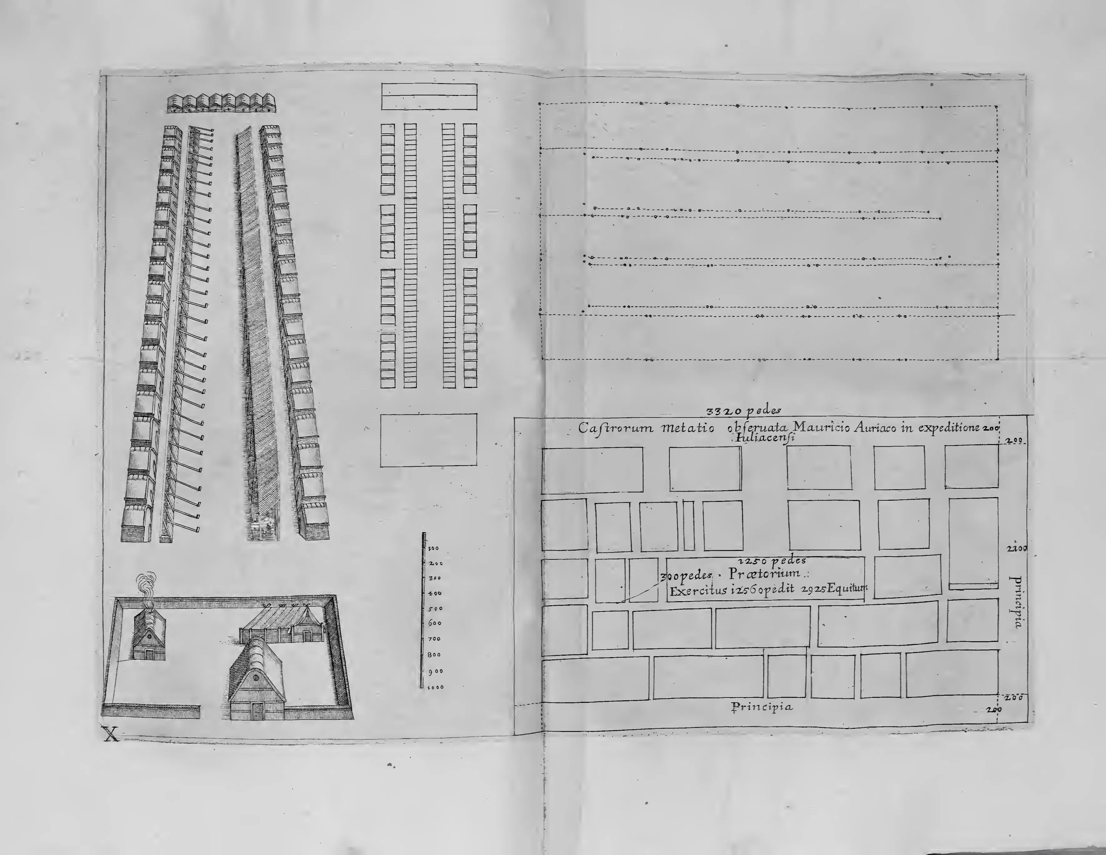 This folding plate gives the metator's discretion the form of measured space: elevations of tented quarters and fortified entrances paired with a ground plan captioned as the castrametation observed under Maurice of Orange in the Jülich expedition. Dimensions and troop totals turn Dutch military authority into calculable order.