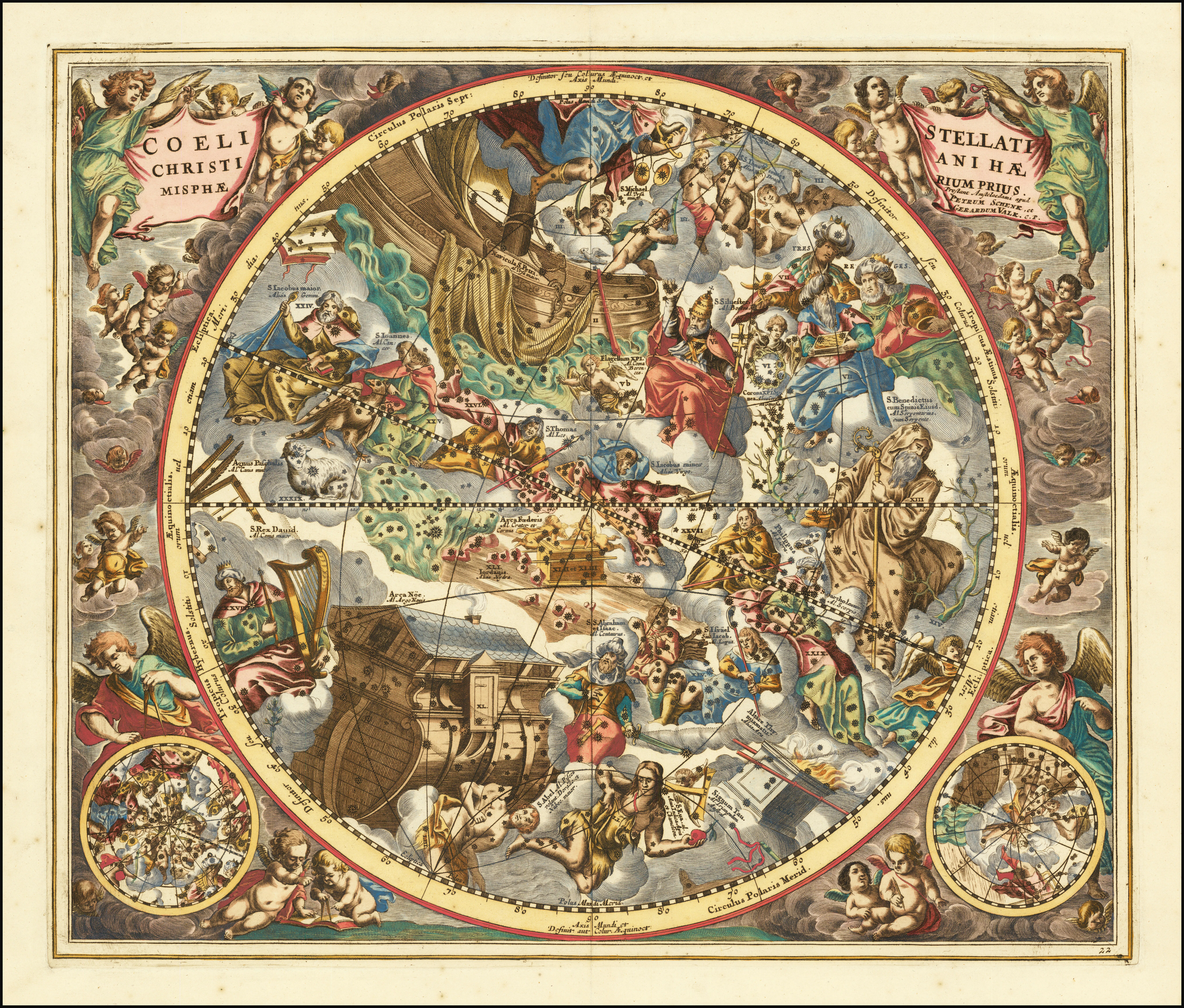 This 1660 celestial map exemplifies the Christianized-sky tradition against which Vitale directs his sharpest criticism, its familiar stellar field overlaid with sacred figures in place of the inherited classical constellations. Its crowded devotional cartography makes visible the very problem he names—whether pious renaming can supply the natural "proportion" between stars and figures that astronomical tradition claimed for itself.
