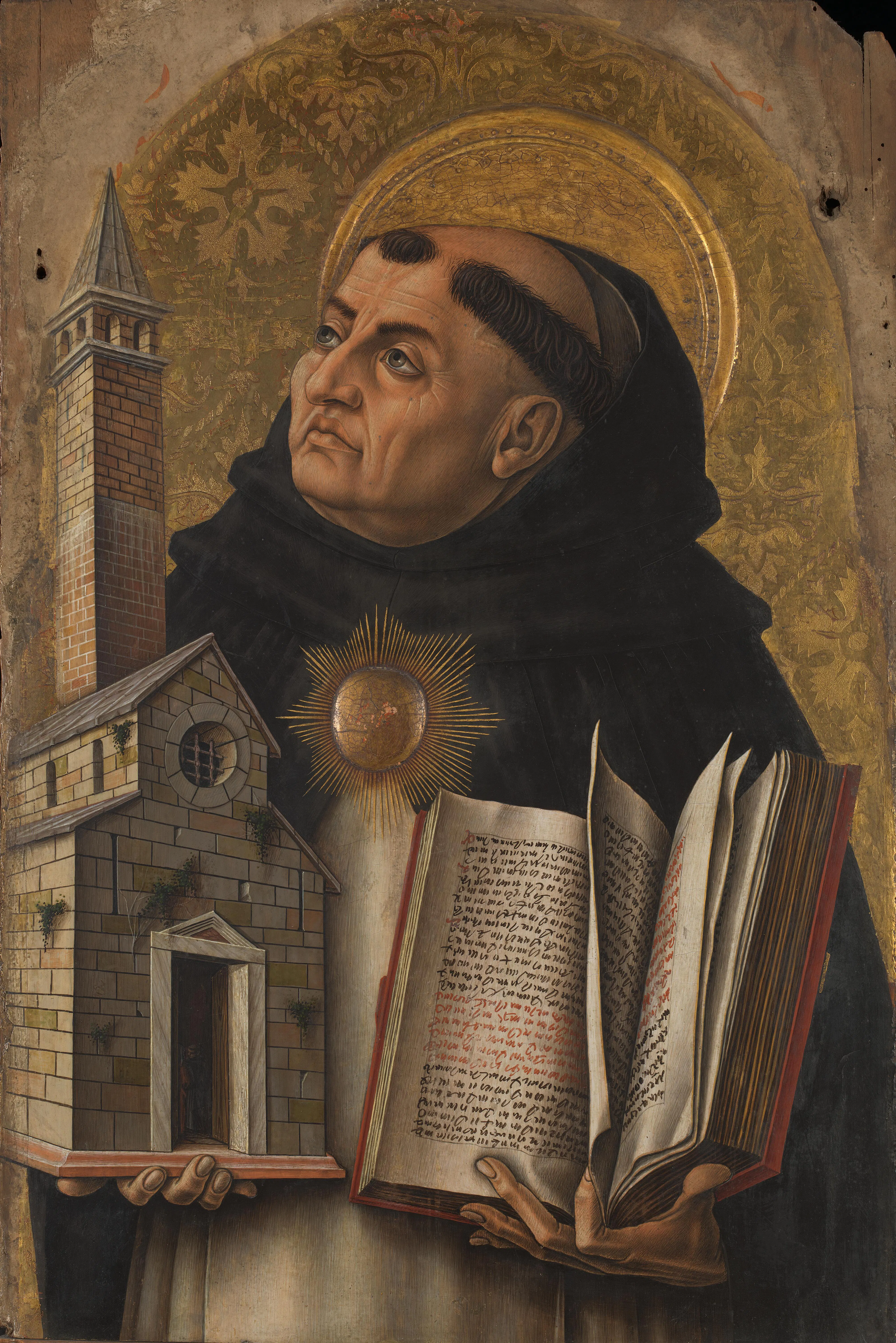 Shown in Dominican habit as a teacher-saint, Thomas Aquinas embodies the scholastic authority behind the brief's yardstick for "sufficient" grace: not a merely distant help, but the complement of power by which an act can actually follow. His presence marks the Thomist-Dominican frame within which Noris's language about remote and proximate aid was made to carry prosecutorial weight.