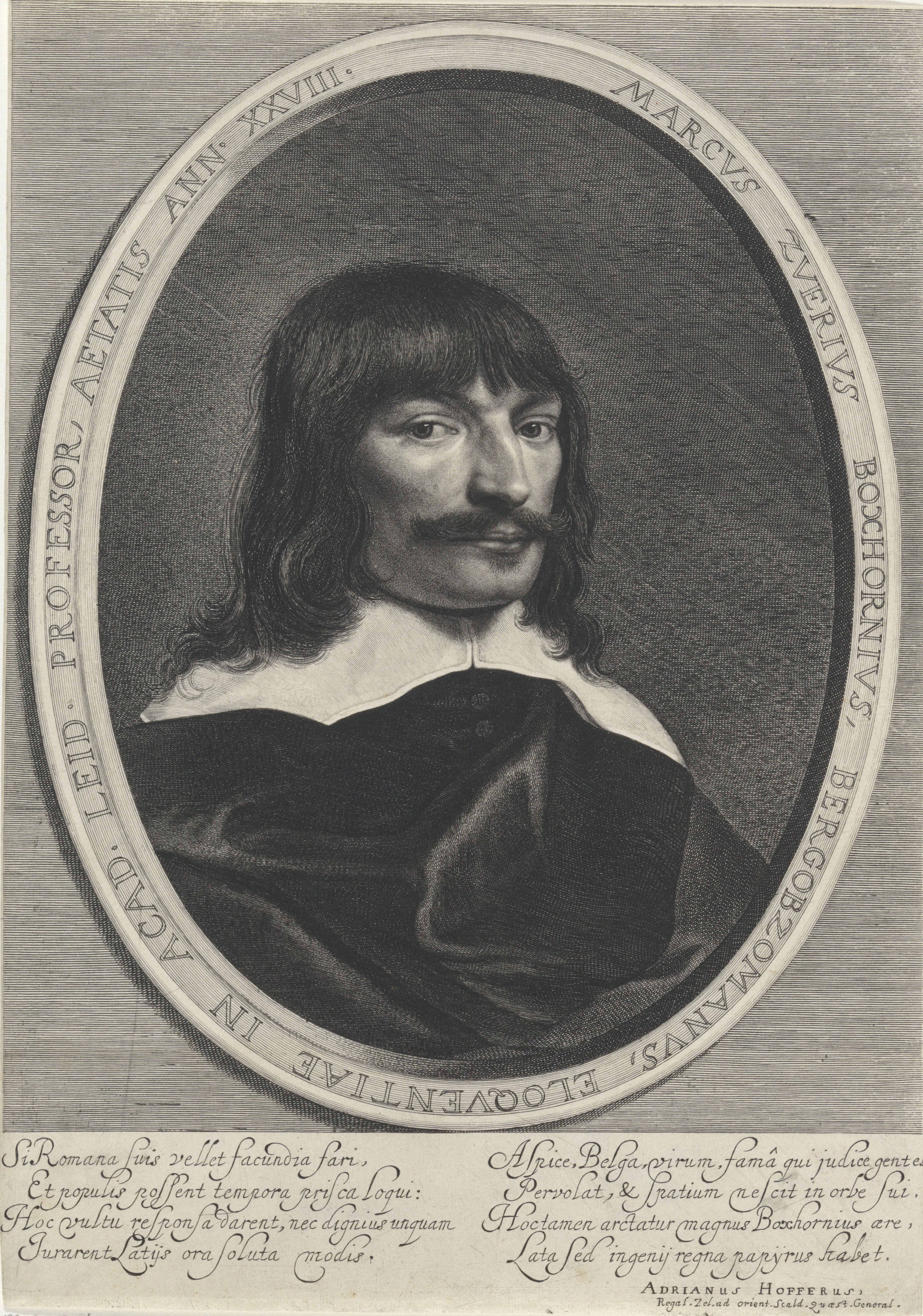 An engraved portrait of Marcus Zuerius Boxhorn, whose oval inscription names him as professor of eloquence at Leiden at the age of twenty-eight. His later political disputations and historical lectures grew from this learned culture of rhetoric, philology and history rather than from a newly created chair.