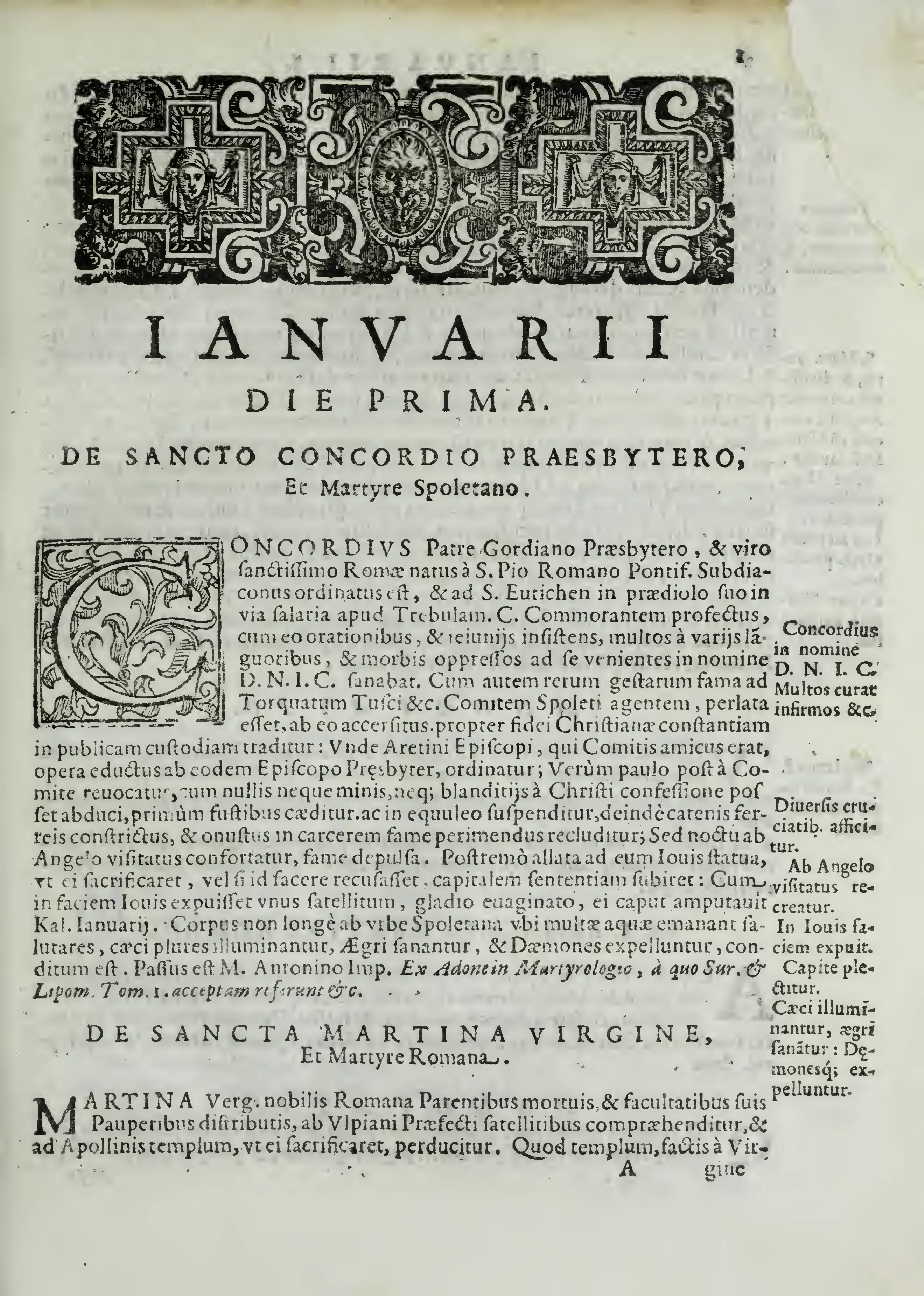 At the threshold of January, an ornamental headpiece, the rubric for the month's first day, and a decorated initial turn the promise of saints "distributed through twelve months" into a working calendar page.