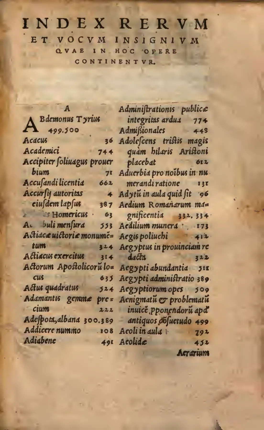 The opening of the Index rerum et vocum insignium, whose tightly worded lemmata function as an interpretive apparatus rather than a merely mechanical aid.