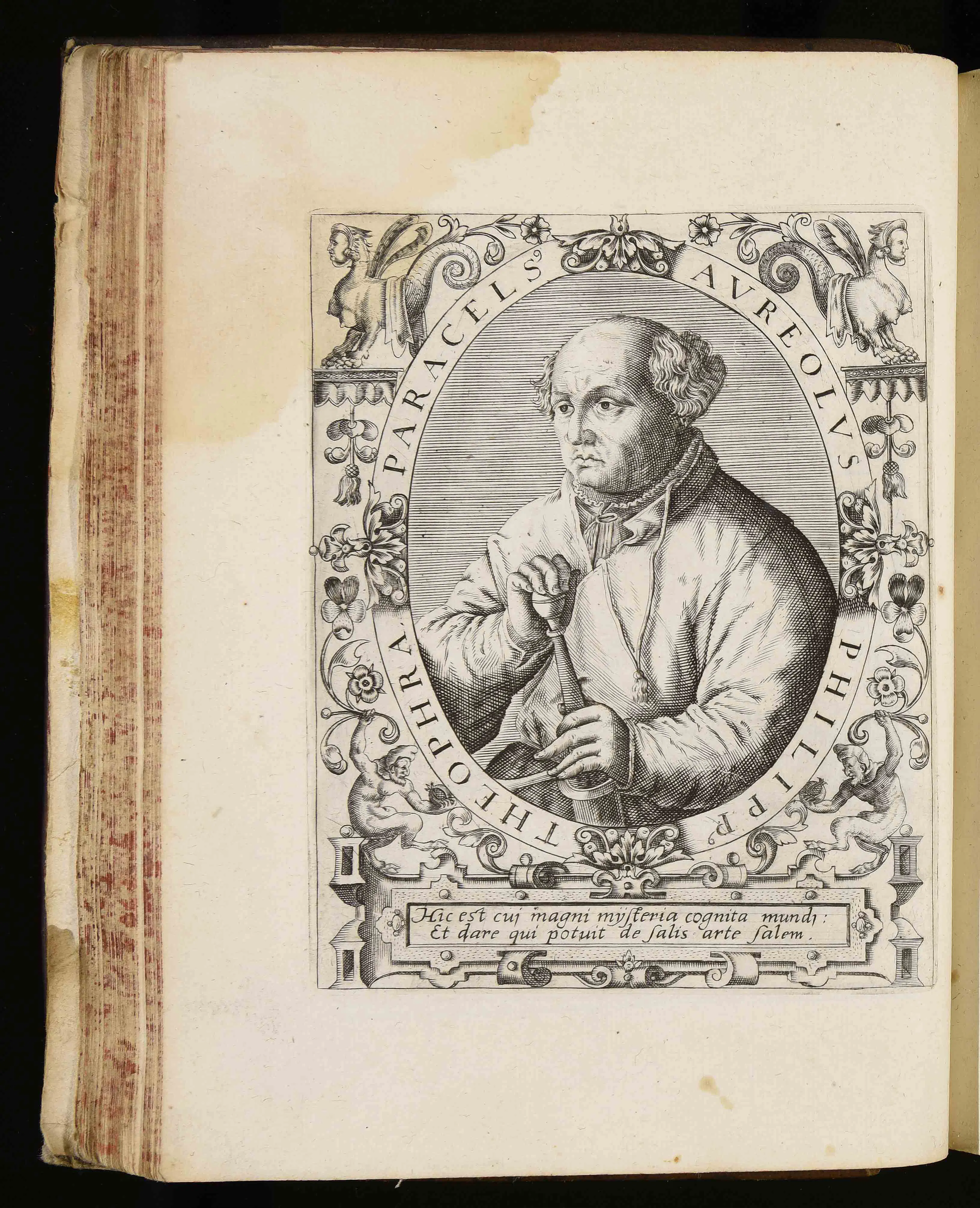 An engraved portrait of Paracelsus, with verses beneath praising the man to whom the mysteries of the great world were known and who could give salt from the art of salt. Set against Davisson's refusal of the eternal Great Mystery, it marks how selective his Paracelsianism is.