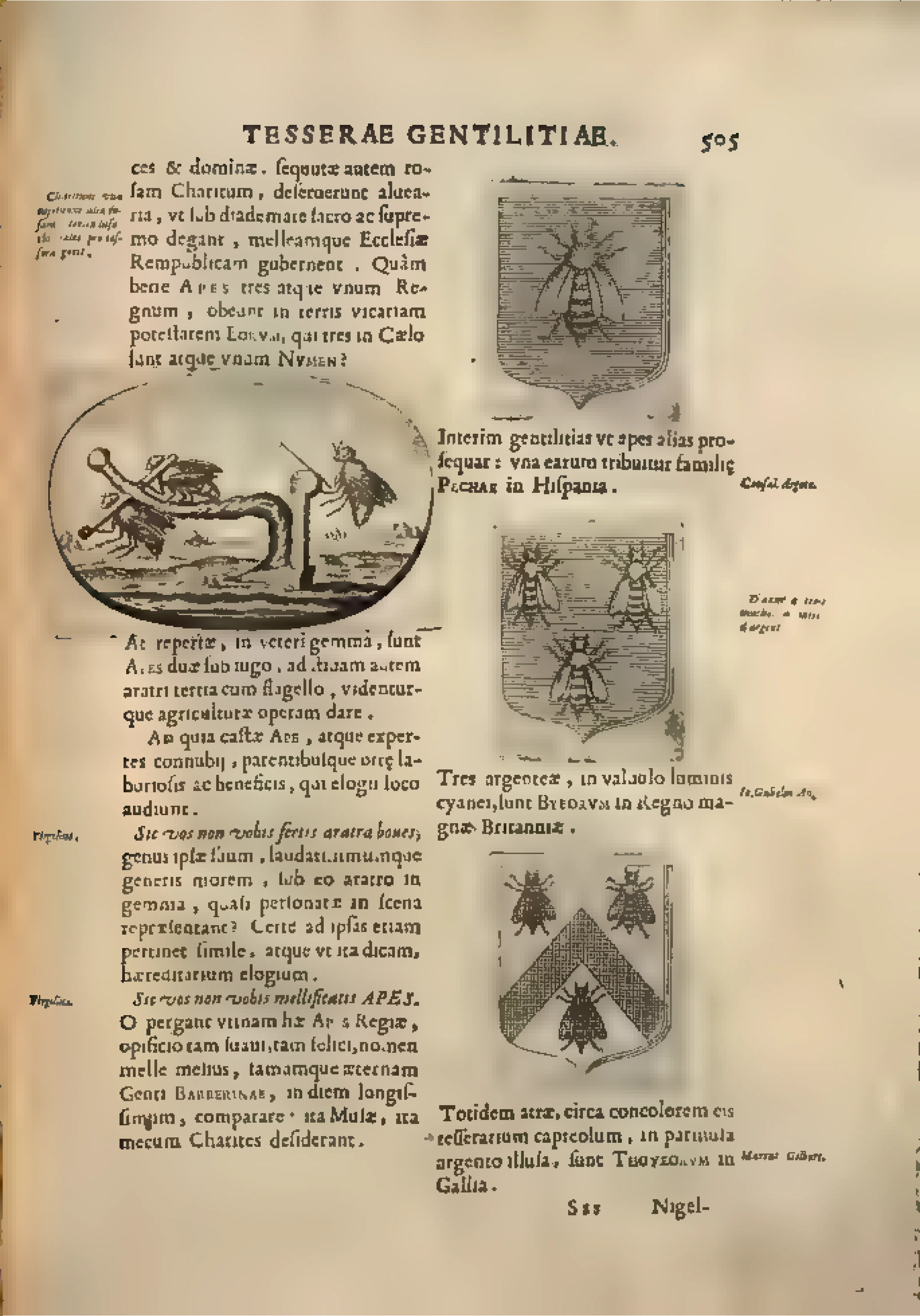 Here the Barberini bees pass from dedicatory compliment into heraldic method: an oval engraving and three bee-bearing shields set the patronal emblem beside Spanish, British, and French comparanda in one Latin frame.