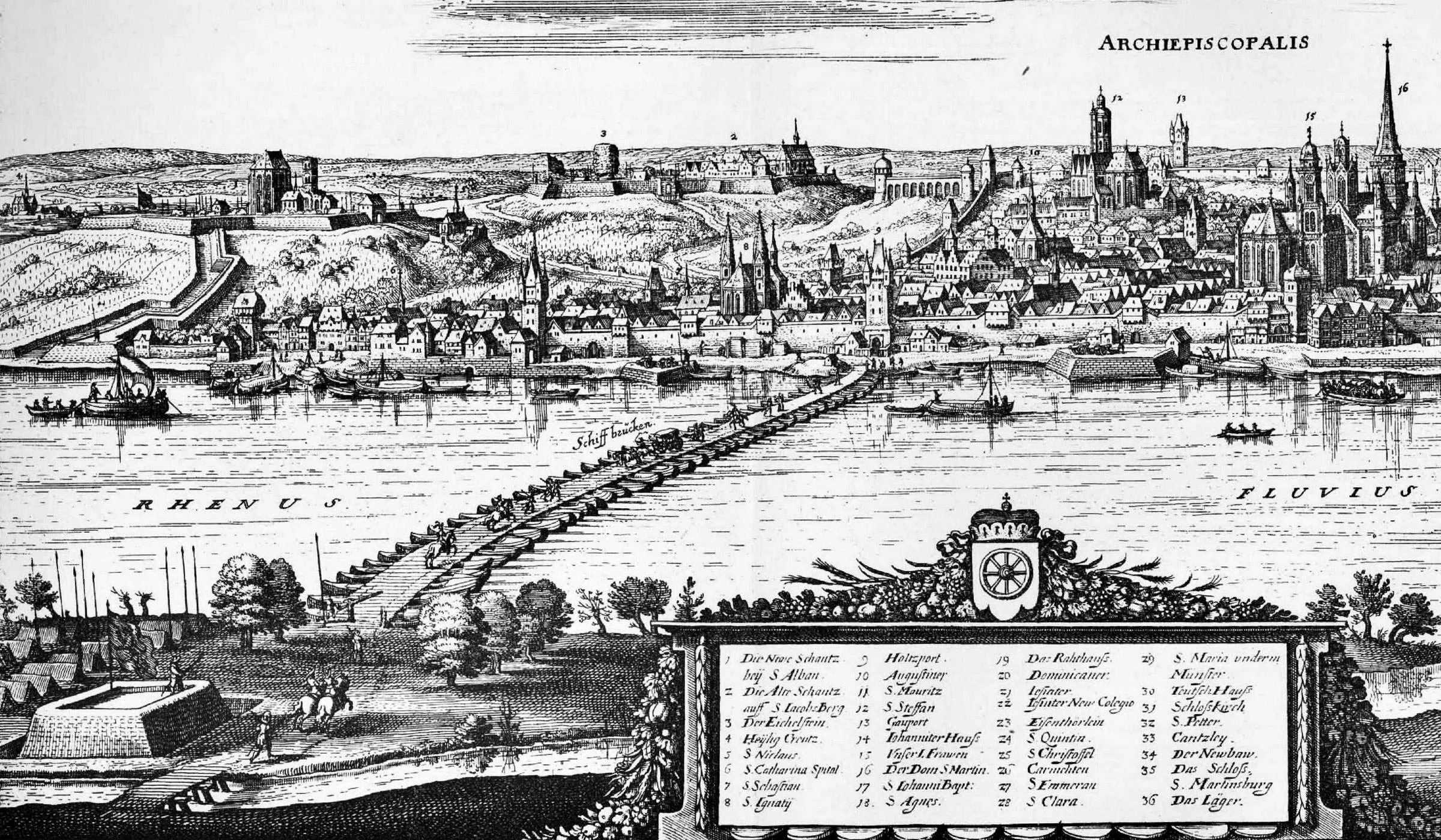 Matthäus Merian's 1648 engraved view of southern Mainz, with its pontoon bridge over the Rhine. Seat of Schott's dedicatee and one end of the proposed signal relay to Rome, Mainz lay within the patchwork of lordships that made such signalling a problem of jurisdiction as much as optics.