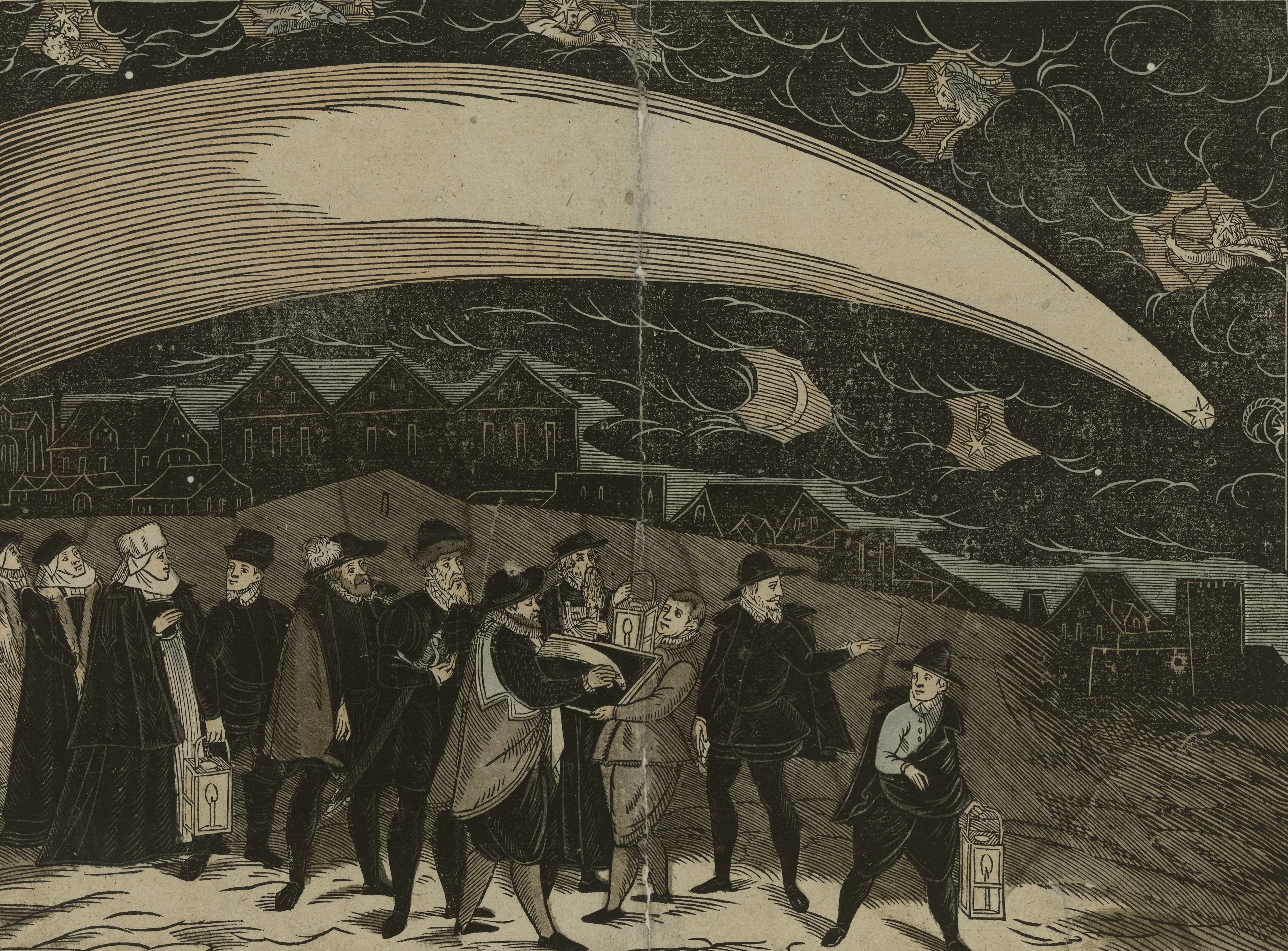 A period woodcut of the great comet of 1577 over a Netherlandish town.