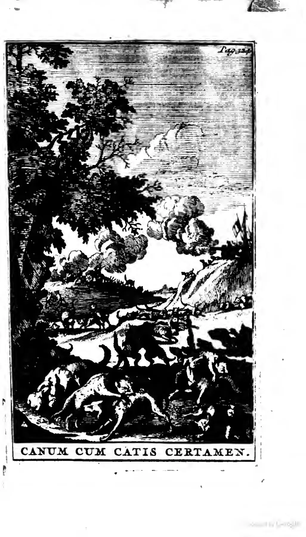 The engraved frontispiece to *Canum cum Catis Certamen* turns the poem's all-C mock epic into a fully staged battlefield: dogs and cats clash amid trees, smoke or dust, and distant standards, while the printed title at the foot gives the animal skirmish the dignity of a formal martial subject. Like the *Pugna Porcorum* frontispiece it mirrors, the plate makes the anthology's joco-serious method visible, applying the grand apparatus of epic conflict to deliberately comic animal matter.