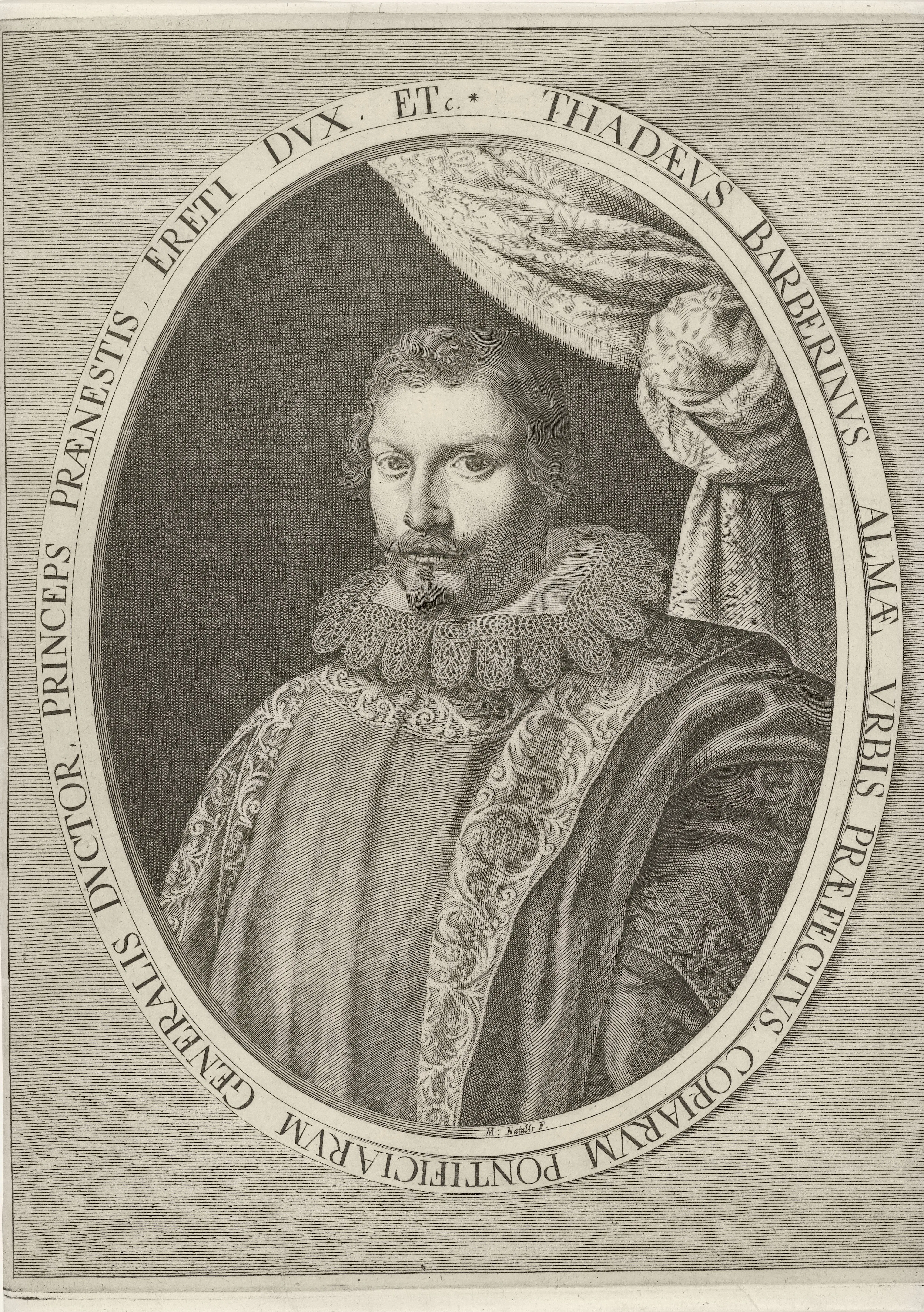 Engraved portrait of Taddeo Barberini, Pietrasanta's dedicatee, in the visual language of rank, office, and lineage that the 1638 folio converts into heraldic argument.