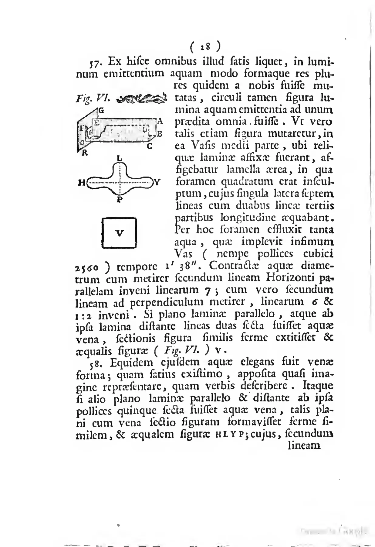 In §57–58 the square-orifice trial makes the vena contracta an operational object: Fig. VI sets the brass plate, three-vessel apparatus and lettered cross-sections inside the printed argument, while the surrounding measurements in pollices and lineae record the jet's contracted diameters.