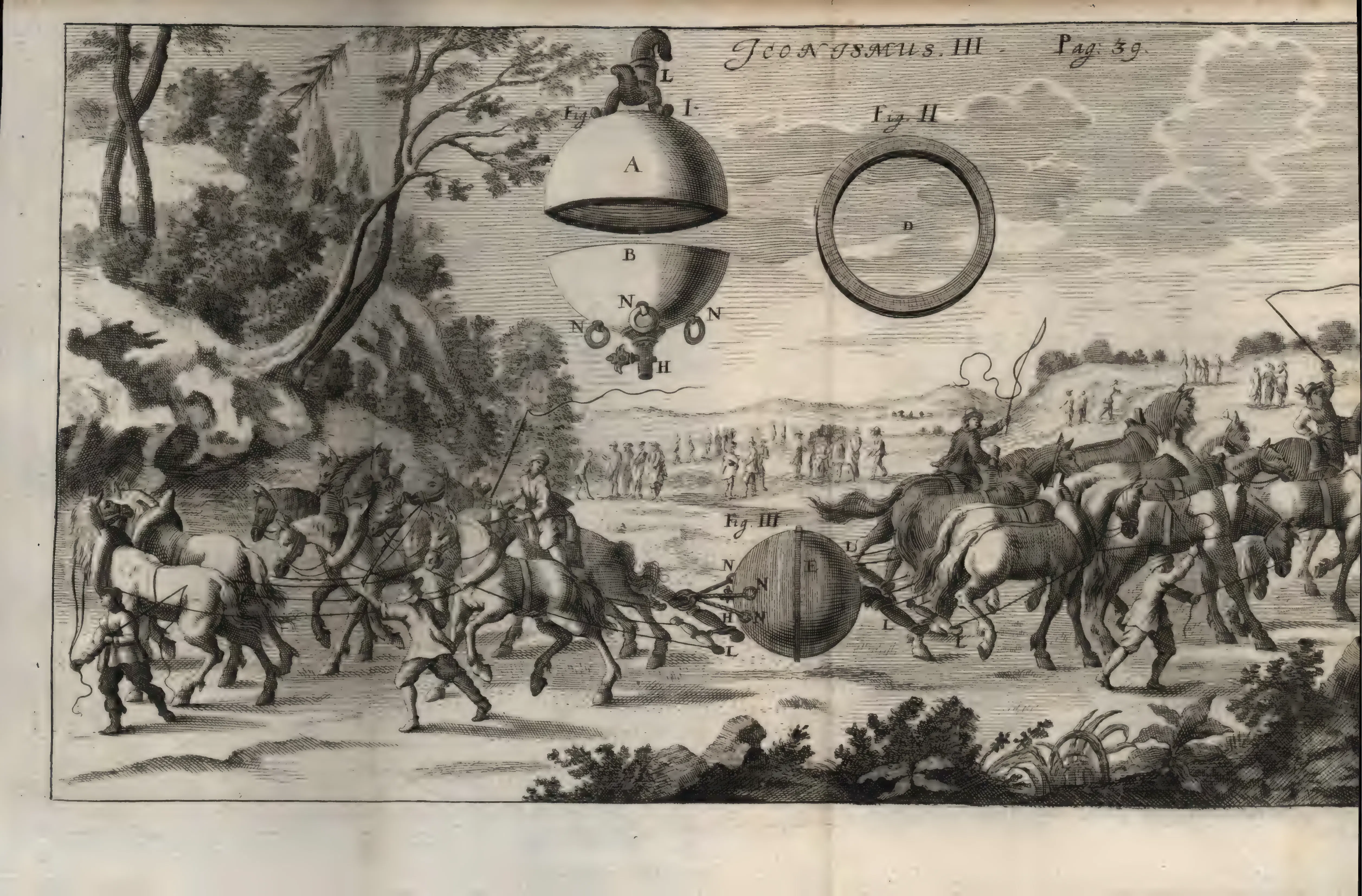 This full-page plate pairs Guericke's apparatus with its staging: above, the hemispheres, sealing ring and valve are isolated as components; below, sixteen horses strain in opposed teams to part the evacuated globe. The violence of "shouts, threats and whips" becomes ocular evidence of an unseen force.