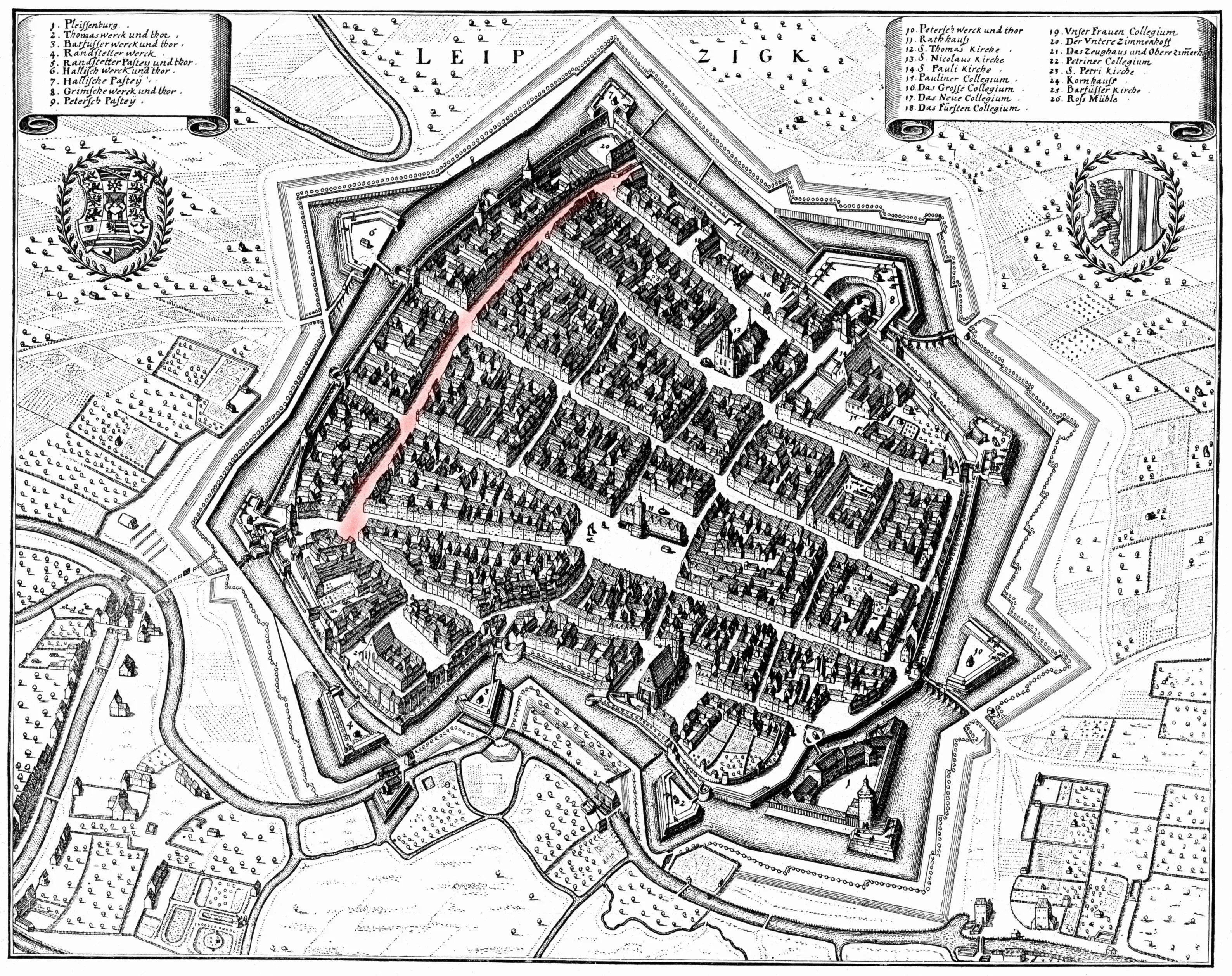A mid-seventeenth-century engraved view of Leipzig's Brühl, keyed to collegiate buildings such as the Pauliner Collegium.