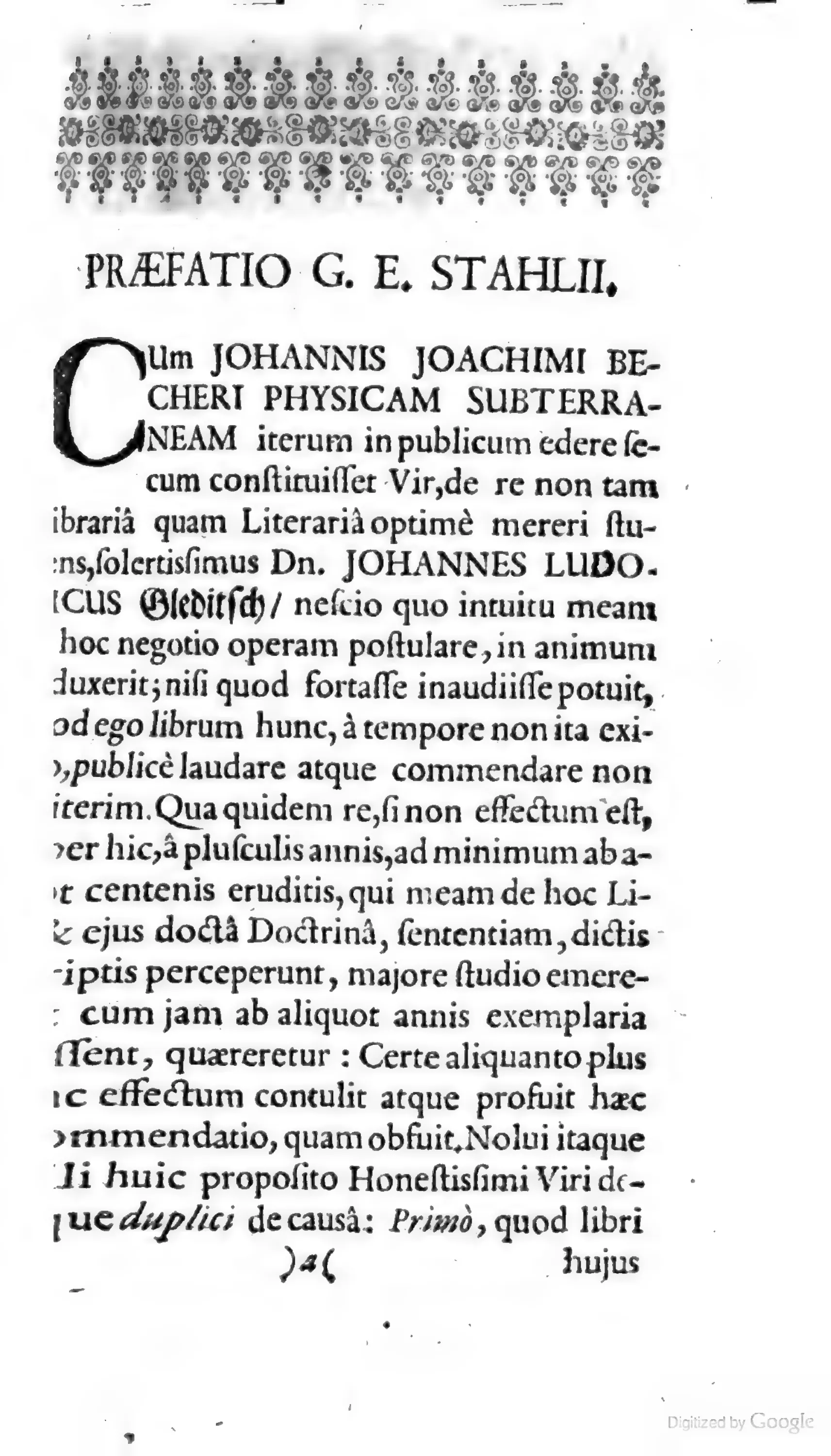 The prefatory leaf headed "PRAEFATIO G. E. STAHLII" in the 1703 Leipzig recension.