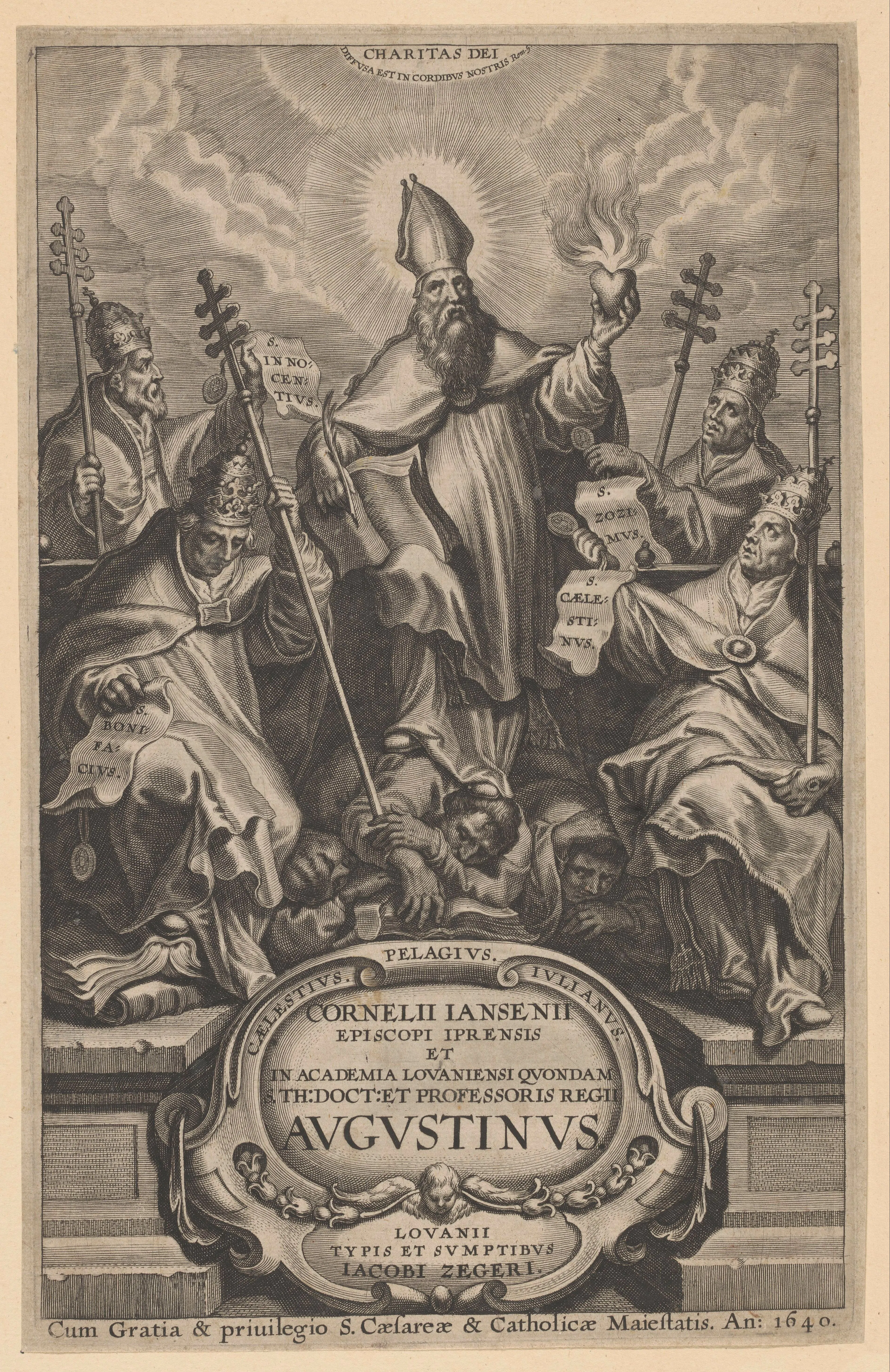 The 1640 Leuven title page to Cornelius Jansenius's Augustinus frames the book as an orthodox monument: Augustine, mitred and holding a flaming heart, is encircled by papal witnesses meant to secure his authority against Pelagian adversaries. That claim to Augustinian and papal legitimacy helps explain why later polemicists could make alignment with Jansen so lethal—Noris did not need to be quoted so much as fitted into the already condemned pattern.