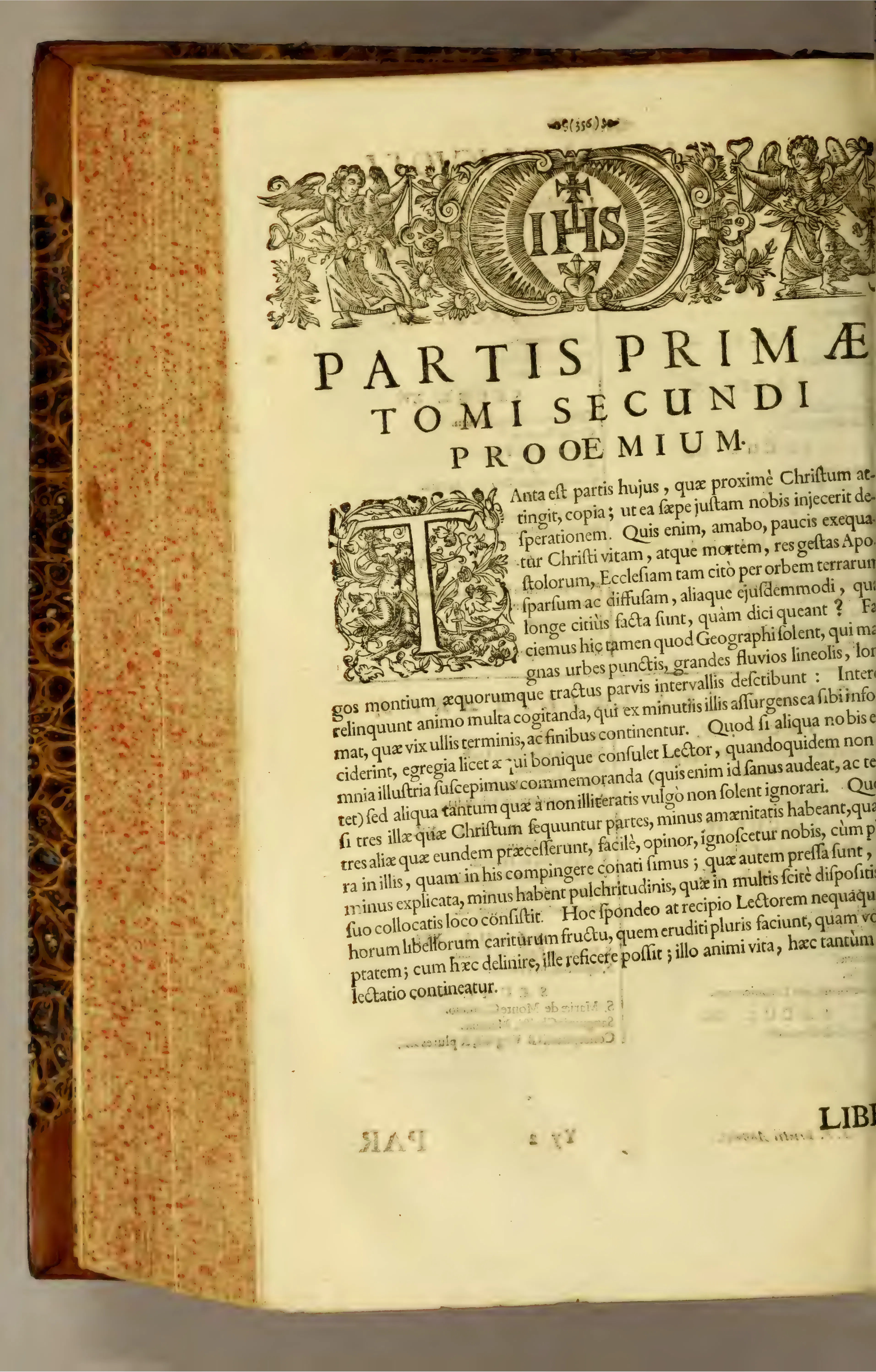 Beneath a Jesuit IHS headpiece, the prooemium to the second tome's first part turns a typographic threshold into a methodological declaration: the annals will reduce Christian-era history as geographers reduce cities to points and rivers to lines. Compression is the scale of the work, not a defect of abbreviation.