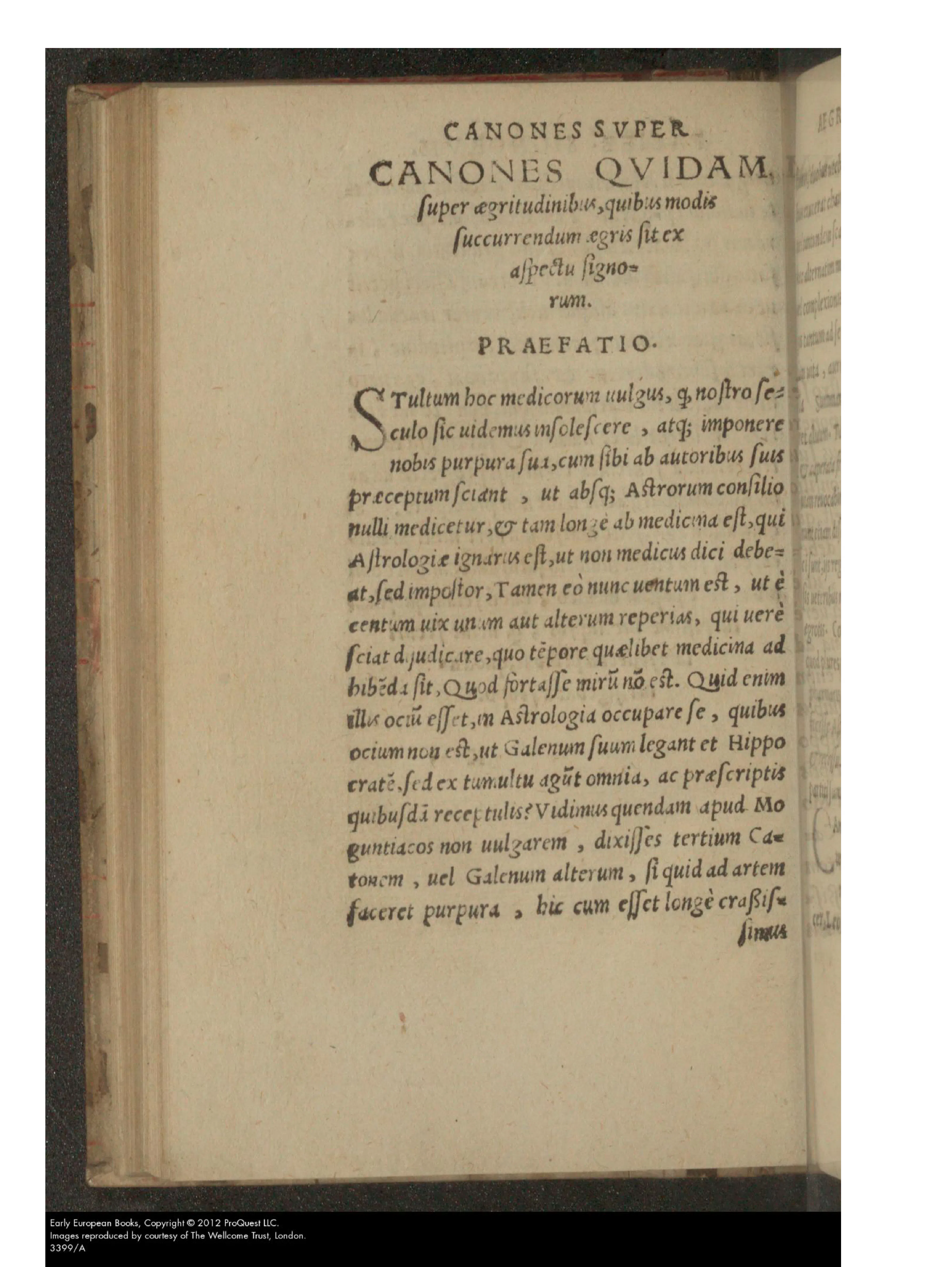 A printed opening headed "CANONES" and "PRAEFATIO," carrying the shelfmark "3399/A" at its foot.