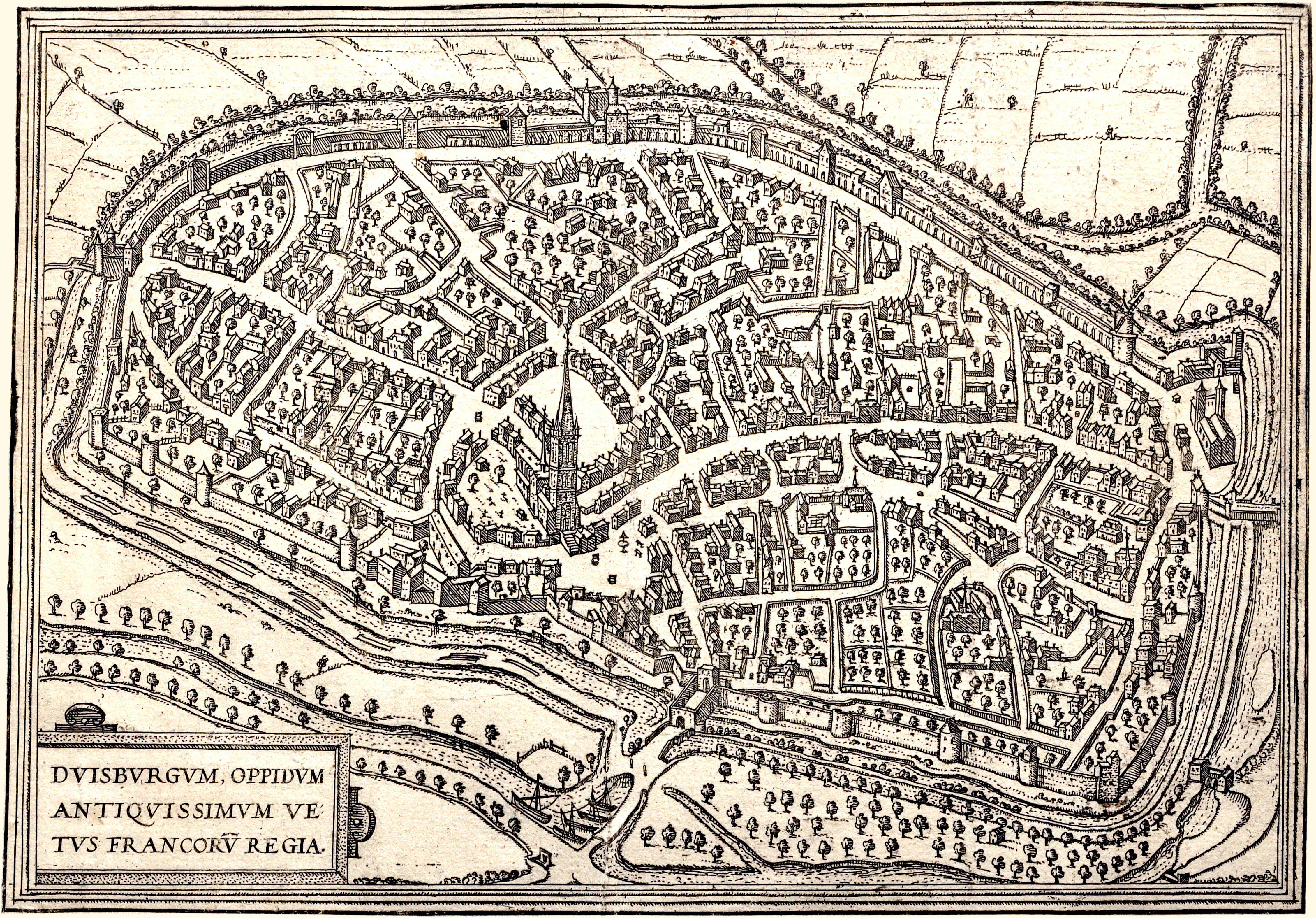 Hogenberg's 1575 view of Duisburg supplies the civic setting for the eclipse notice of 2 April 1567, in which Mercator timed the phenomenon from this city and entered himself in his own chain of astronomical witnesses.