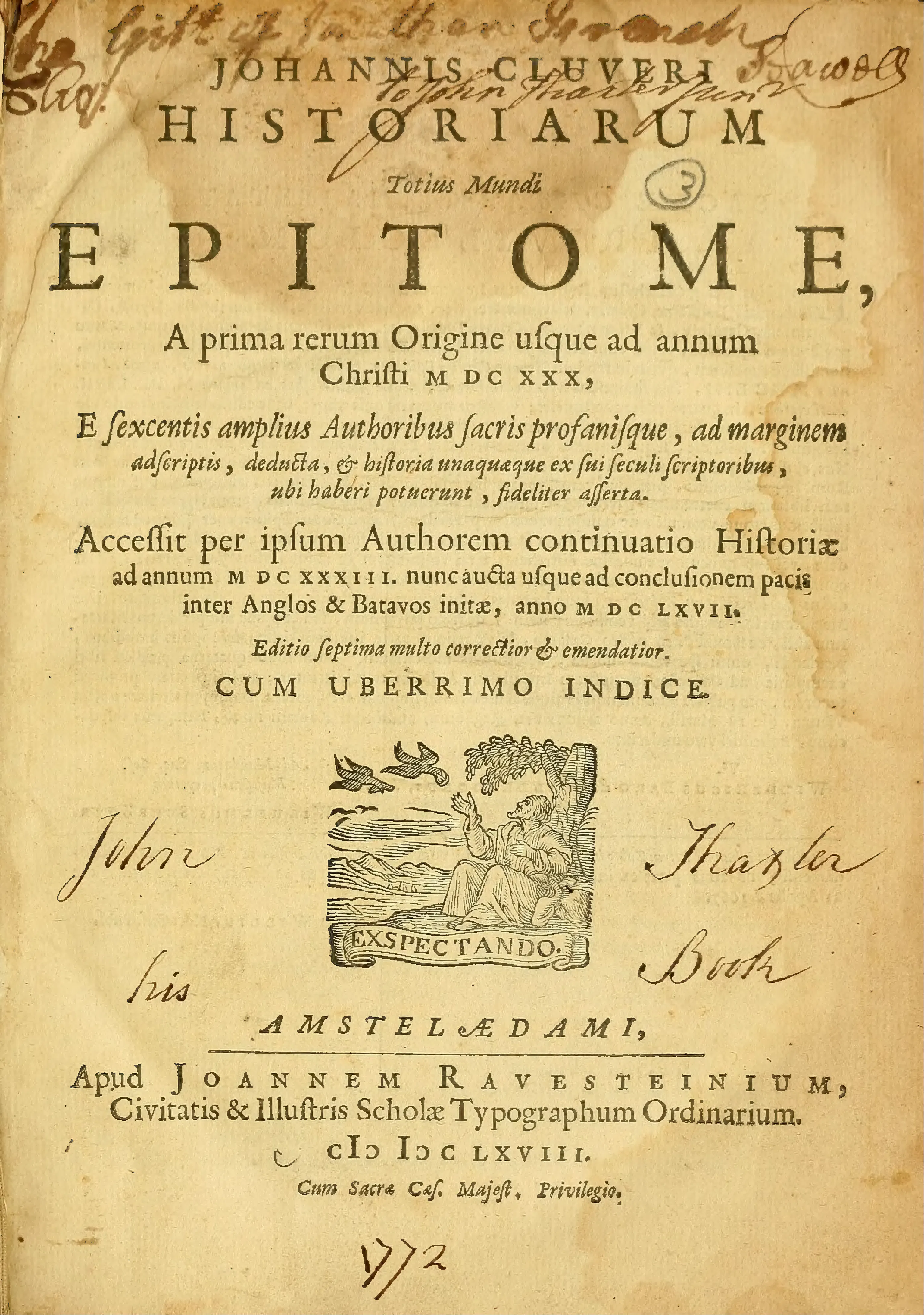 This title page of the 1668 Amsterdam seventh edition concentrates the work's printed self-presentation: a world history to 1630, enlarged to the Anglo-Dutch peace of 1667, advertised as corrected, indexed, and drawn from more than six hundred sacred and profane authorities. Later ink ownership marks register its onward readership.