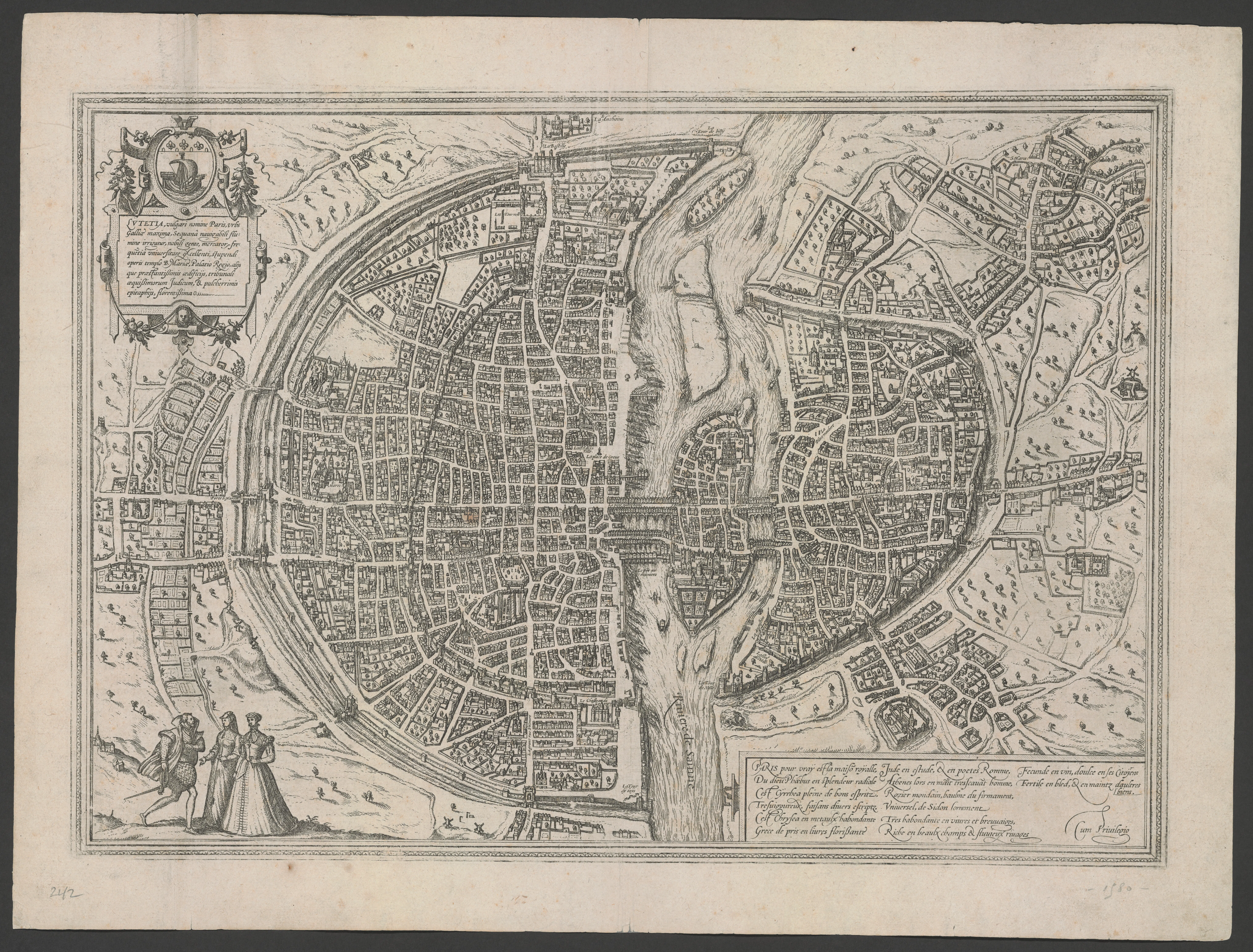 Braun and Hogenberg's 1574 city view of Paris, the capital in which the De asse was conceived.