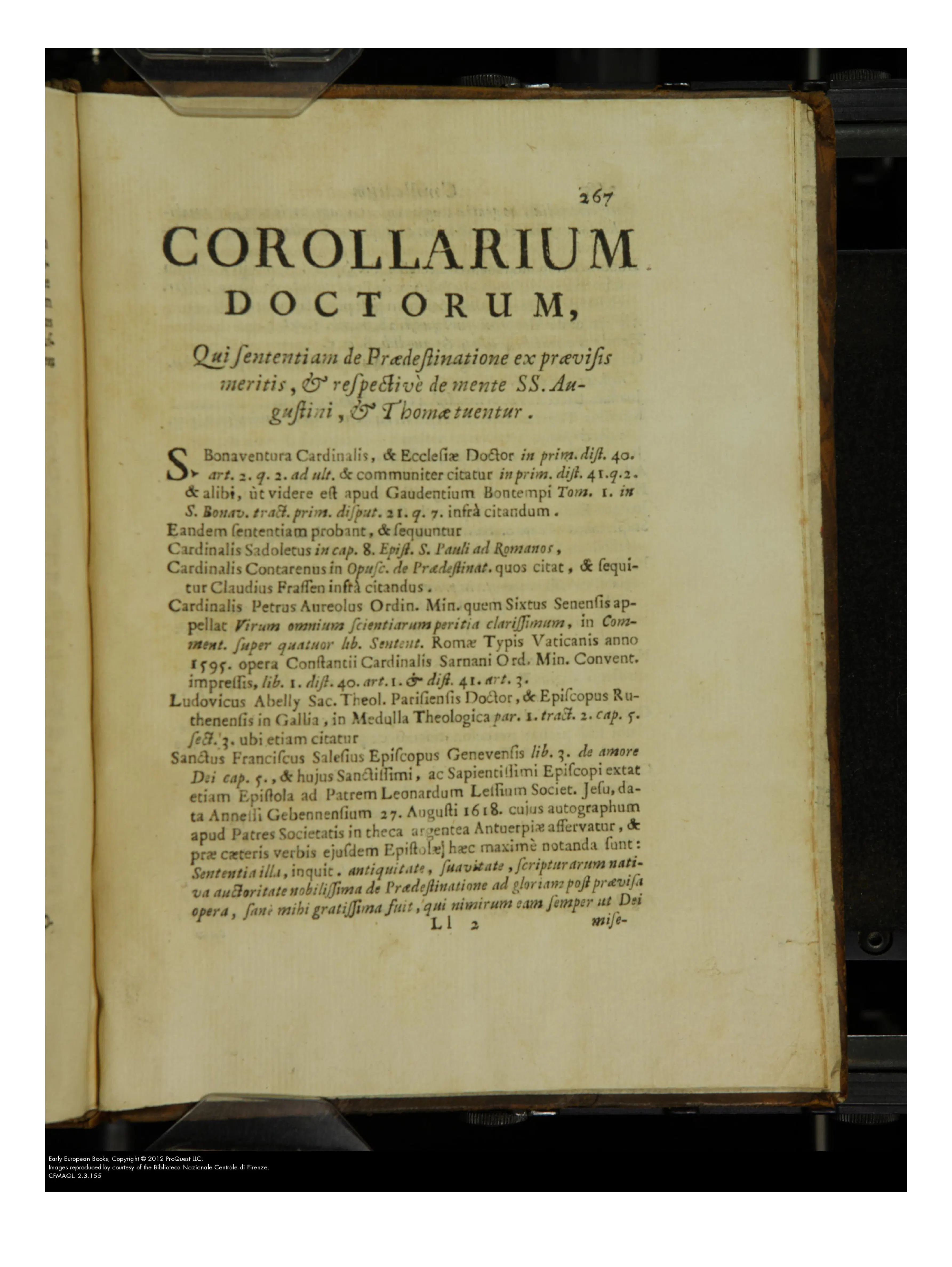 The opening of the Corollarium Doctorum announces the appendix's purpose: to gather the authorities for predestination ex prævisis meritis. Its early roll of names, from Bonaventura to Francis de Sales, turns the contest over Augustine into a catalogue of sanctioned voices.