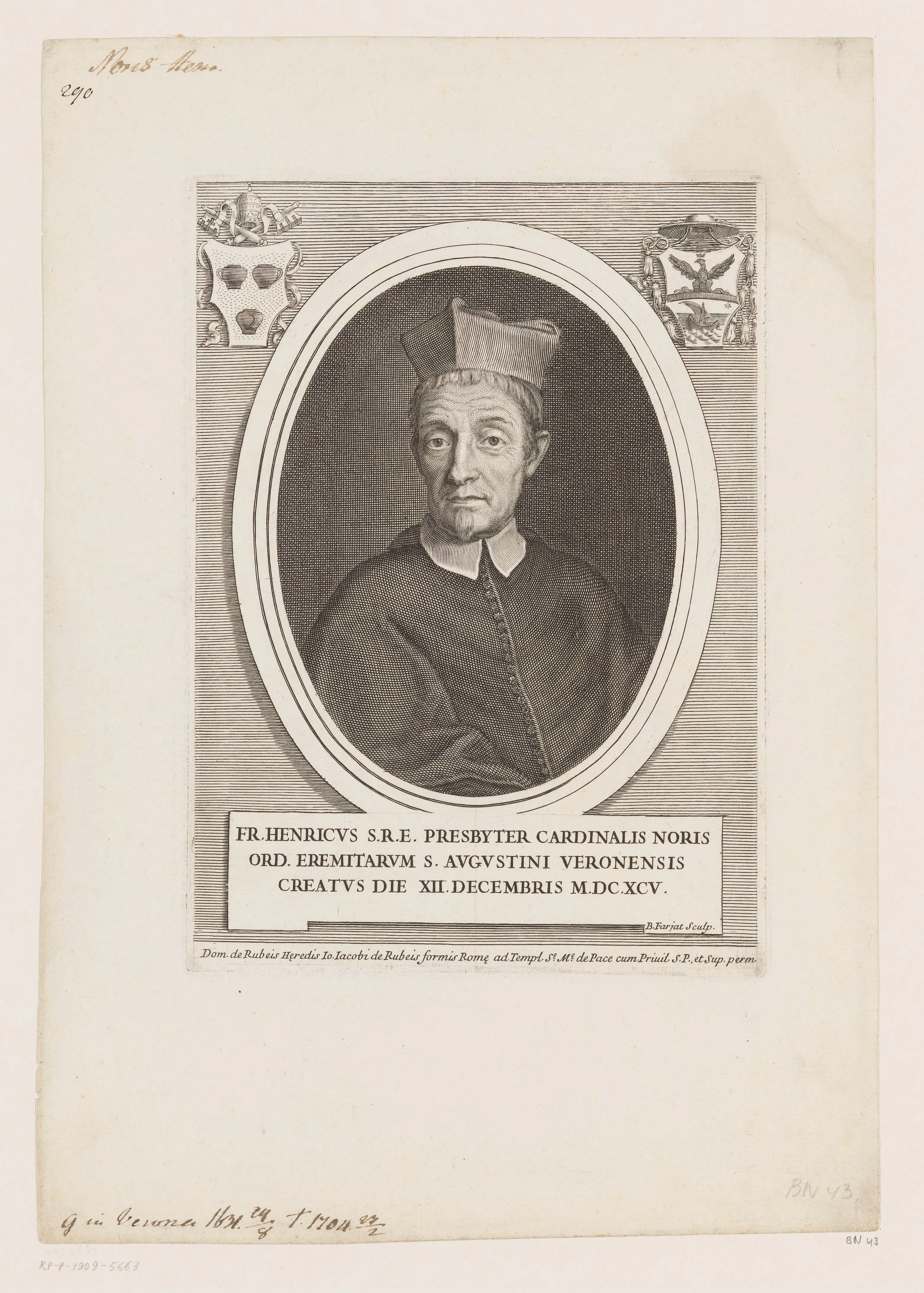 Benoît Farjat's Roman engraving presents Enrico Noris within a cardinal's medallion and heraldic frame, marking his creation as cardinal on 12 December 1695.