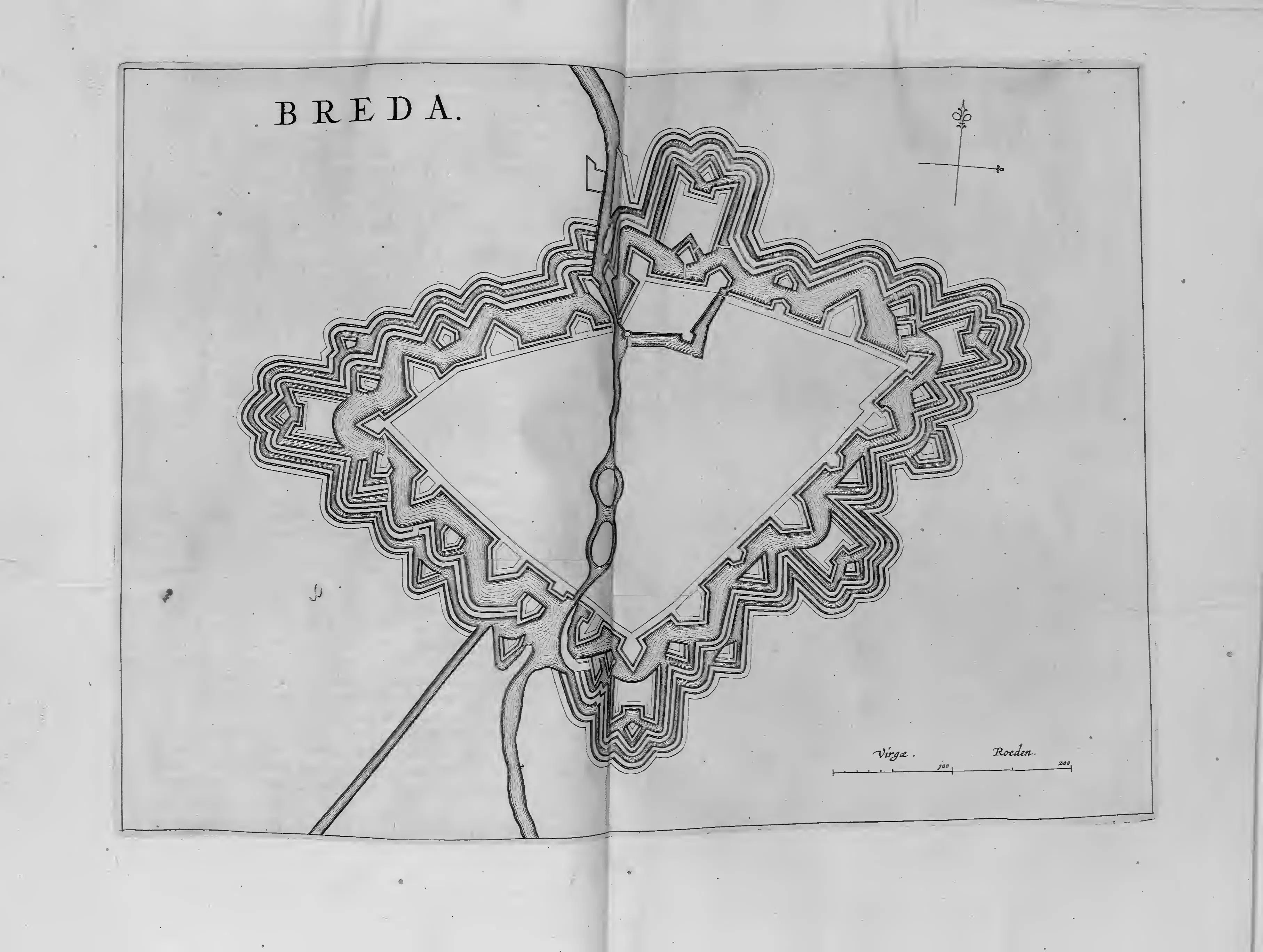 This folding plan of Breda renders Dögen's chief Dutch example as geometry: a bastioned town wrapped in ravelins, hornworks and covered ways, set among converging waterways. Scaled in rods, it presents Breda at once as a model of præmunitiones and a test of the limits of rampart height.