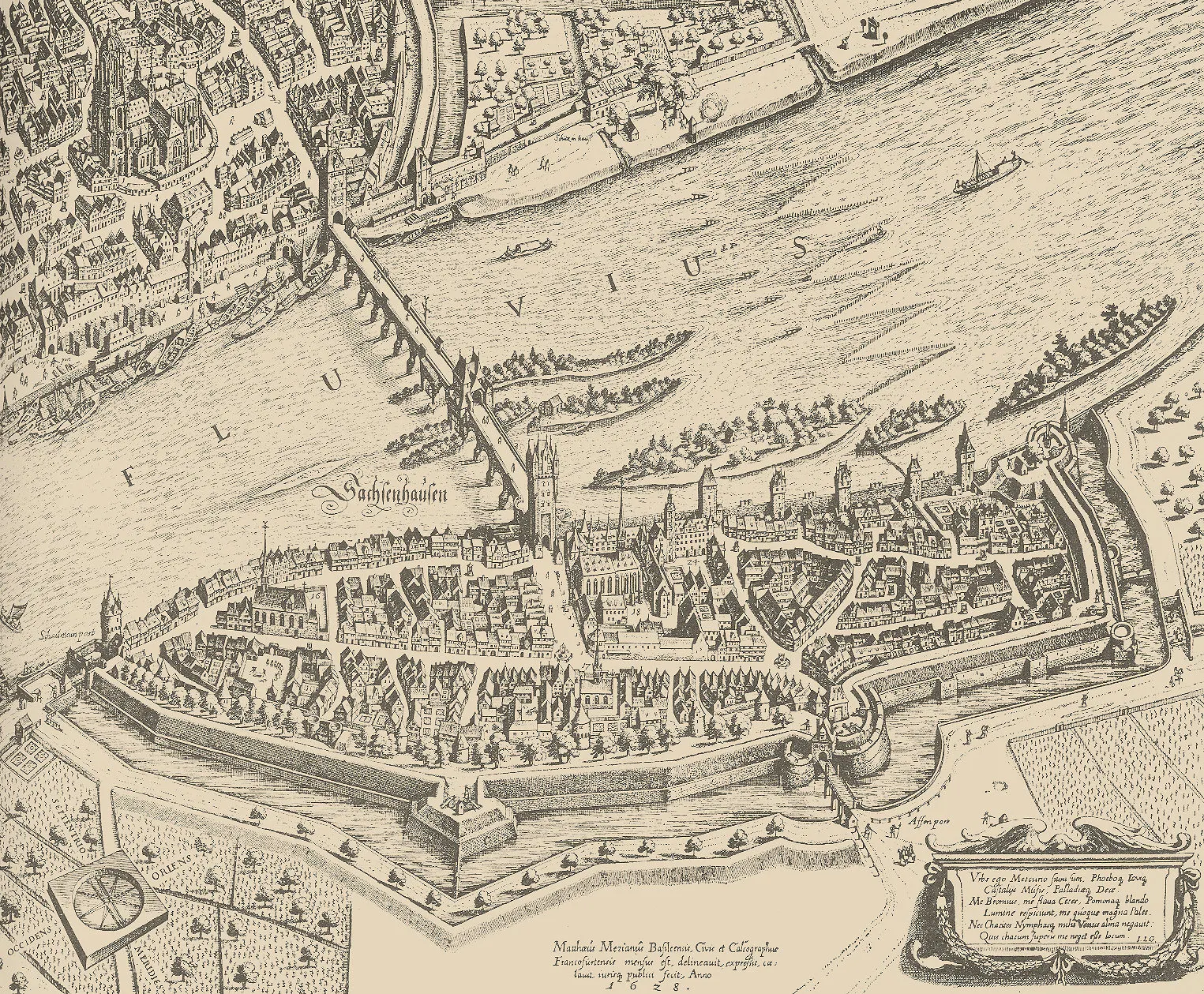 Matthäus Merian's 1628 engraved view of Frankfurt's Sachsenhausen, a near-contemporary setting for the imprint recorded as "Francofurti: Wecheli Heredes."